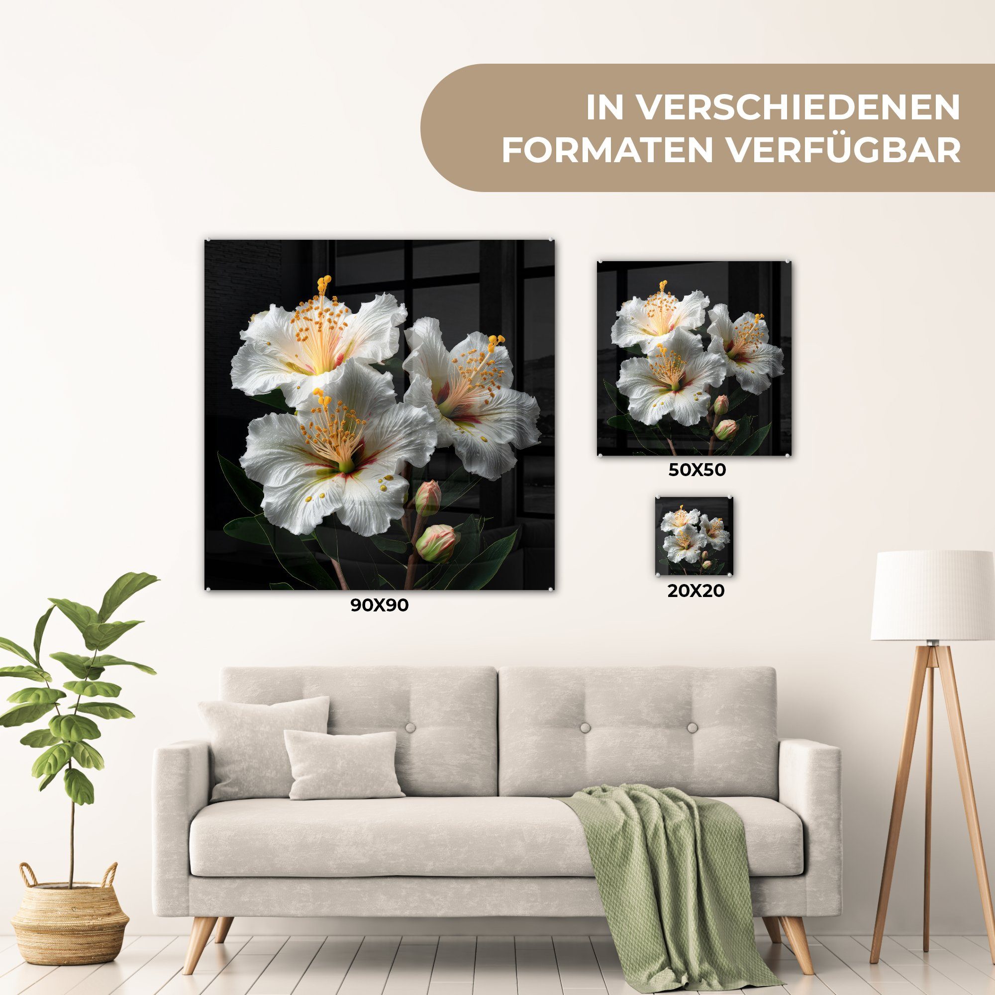 Wandbild auf auf Foto Natur (1 Wanddekoration MuchoWow Acrylglasbild Weiß - Hibiskus - - - St), Glas - Glasbilder - Glas Bilder - Schwarz, Blumen