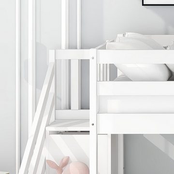 OKWISH Kinderbett Etagenbett mit Treppe und Rutsche, Rahmen aus massivem Kiefernholz (90x200cm, Weiß), Etagenbett-Design,Bequeme Treppe und Aufbewahrungsfunktion