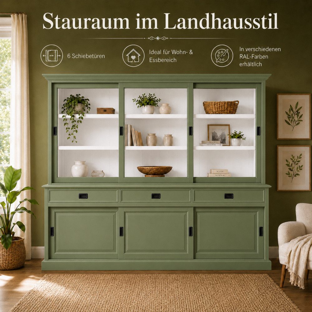 Wohnpalast Vitrine Vitrinenschrank Neuss 300 cm Resedagrün-weiß, Vitrine