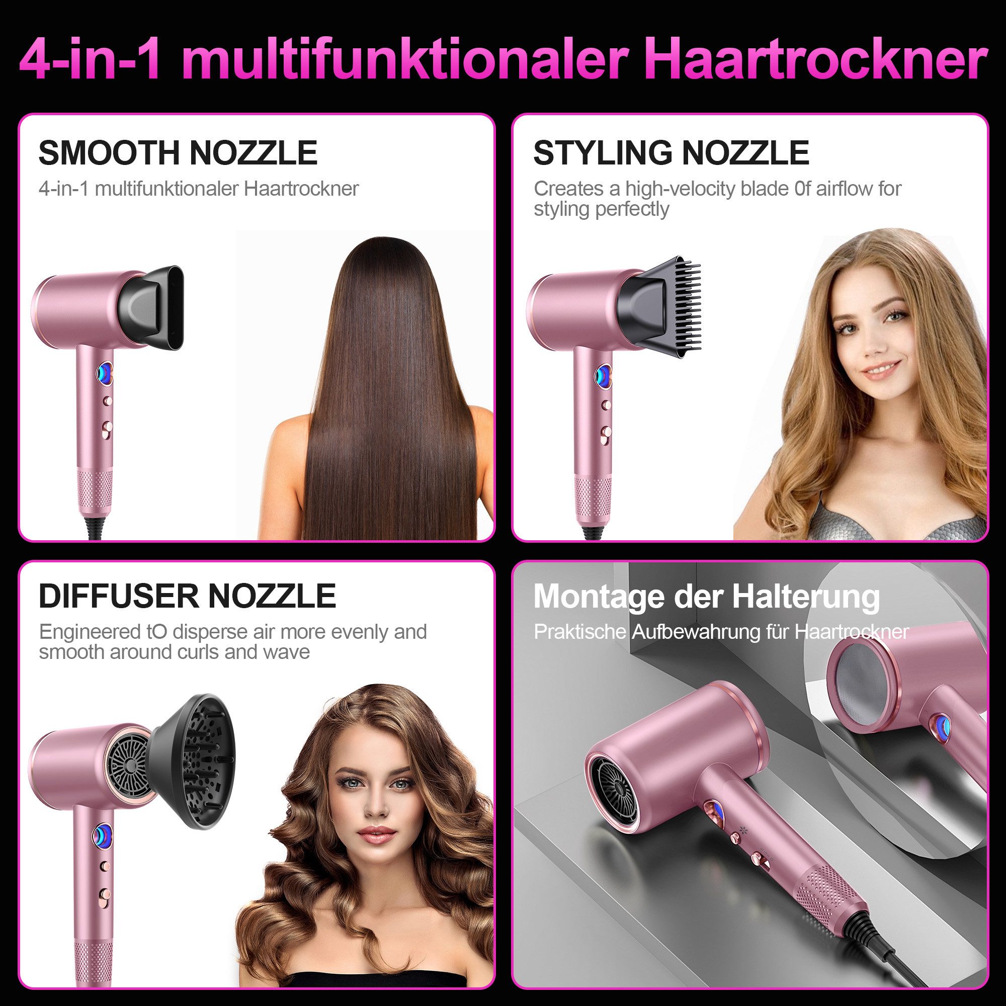 Forrlite Haartrockner 2026 Neues Haartrockner,Föhn Ionen mit Diffusor 2400W AC Motor, 2400 W, 3 Stylingdüsen Professional Ionen Haartrockner Haartrockner, Haart – Bild 4 von 5
