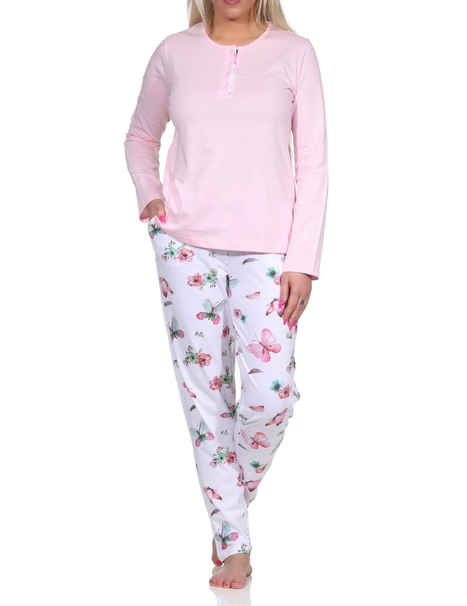 Normann Pyjama Damen Schlafanzug lang mit Pyjamahose in floralem Schmetterlings Look
