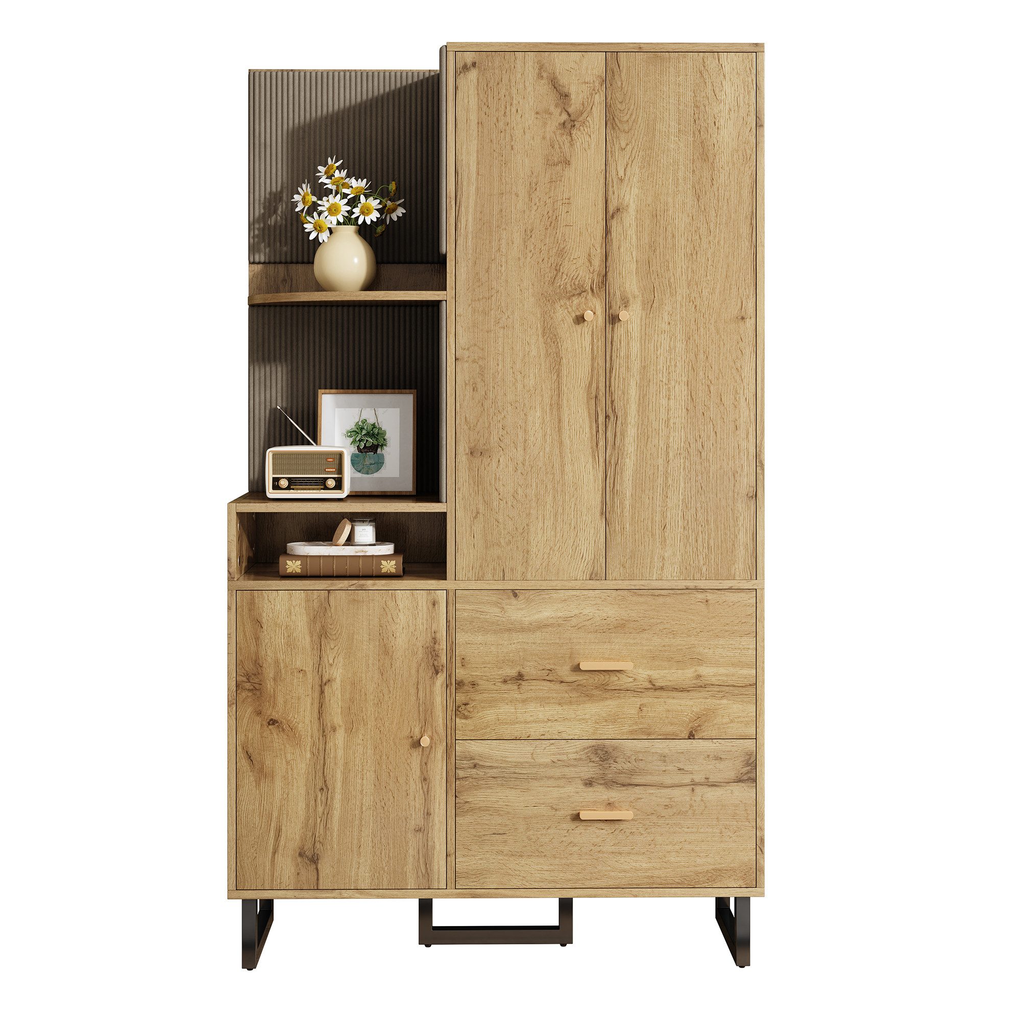 Refined Living Garderoben-Set Kompaktgarderobe, Flurgarderobe, Kleiderschrank & Schuhschrank, (110x186x38 cm, Diele Garderobe mit Soft-Close Türen, offenes Regal & Schubladen, viel Stauraum, Aufbewahrungsschrank, Sideboard, Kommode, Garderobenschrank, mit gepolsterten Paneelen, ausziehbare Kleiderstange, 1-St., Hochwertig & leise, Soft-Touch Stoffpaneele, Vielseitiger Stauraum), für Flur,Eingangsbereich,Schlafzimmer,Wohnung,Wohnzimmer,Familien