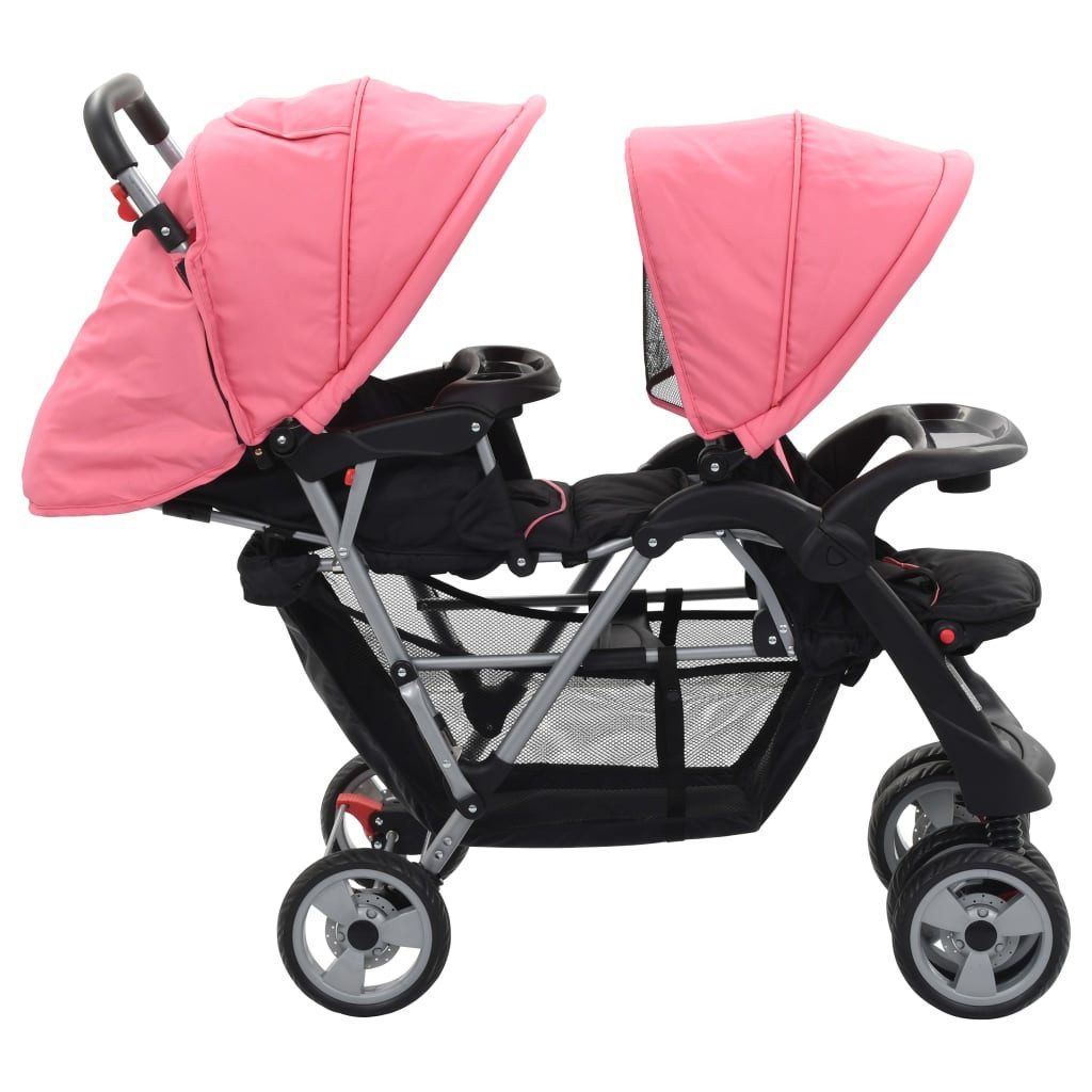 vidaXL Kombi-Kinderwagen Kinderwagen Kinderkarre Zwillings-Geschwisterwagen Rosa und Schwarz St