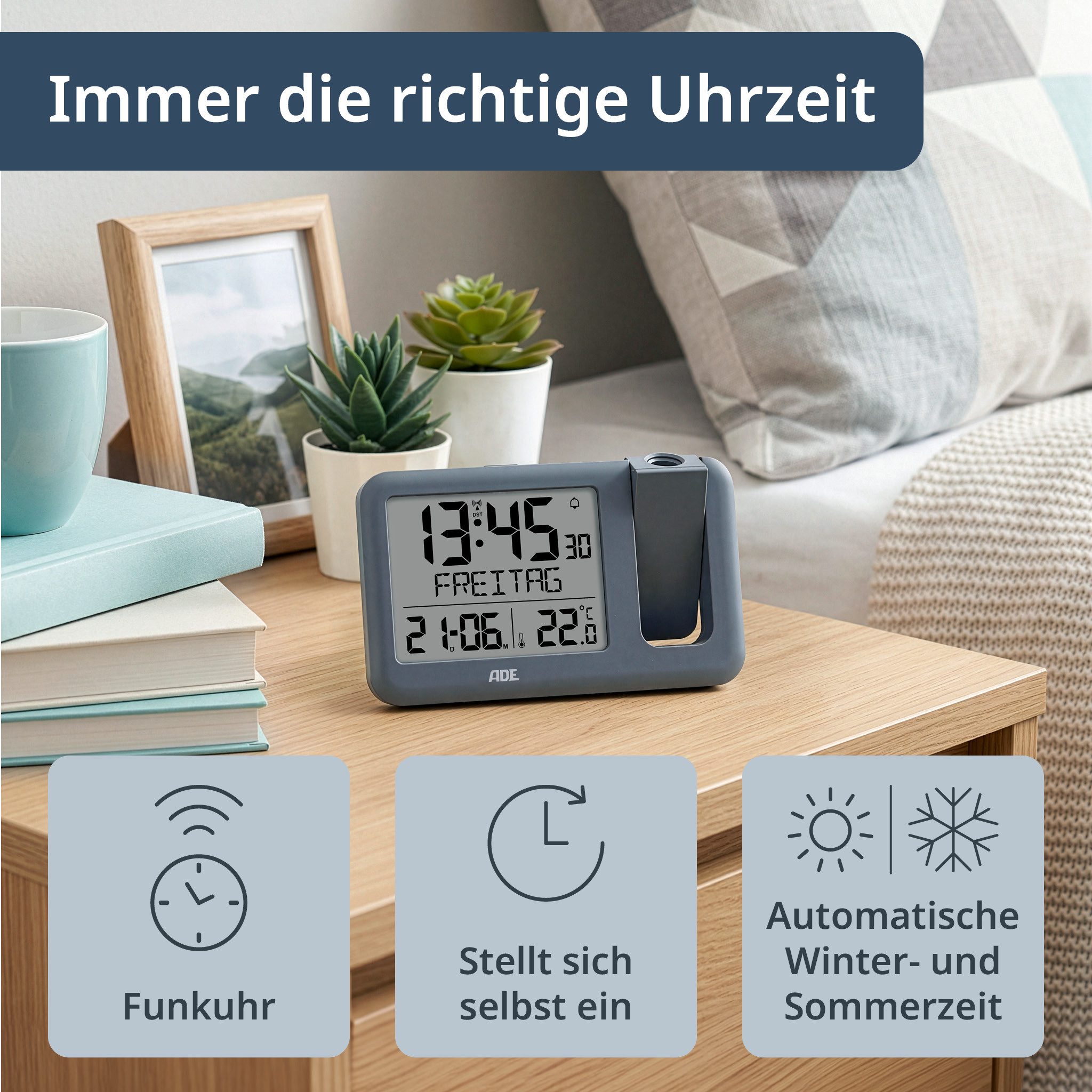 ADE Projektionswecker Digital mit Projektion an Decke & Wand, Projektionsuhr, 180° drehbar Funkuhr mit Kalender & Temperatur, inkl. 3 AAA Batterien & Netzteil