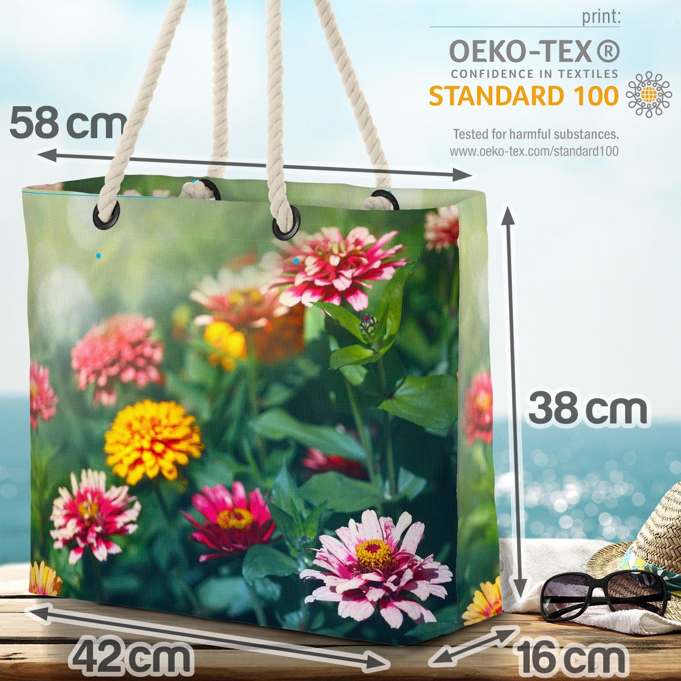 Frühling Sommer Wiese Blumen (1-tlg), Zinnien Blumen Strandtasche VOID Bag Beach Garten Blumenstrauss