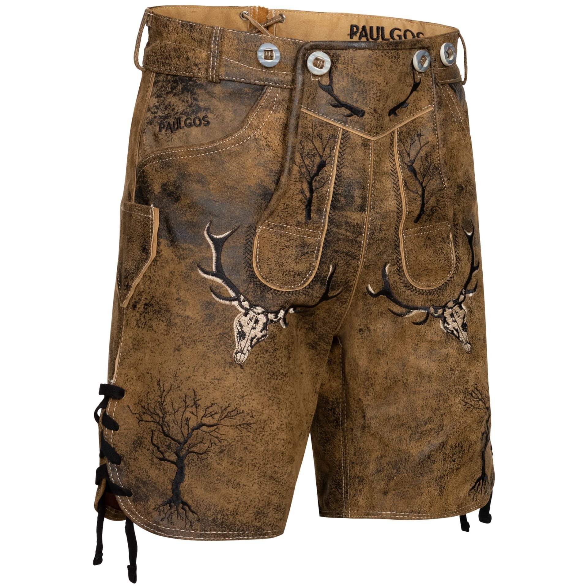 PAULGOS Trachtenhose PAULGOS Herren Trachten Lederhose kurz - HK6 ANTIK - Echtes Leder - in 2 Farben erhältlich - Größe 44 - 60 Whiskybraun