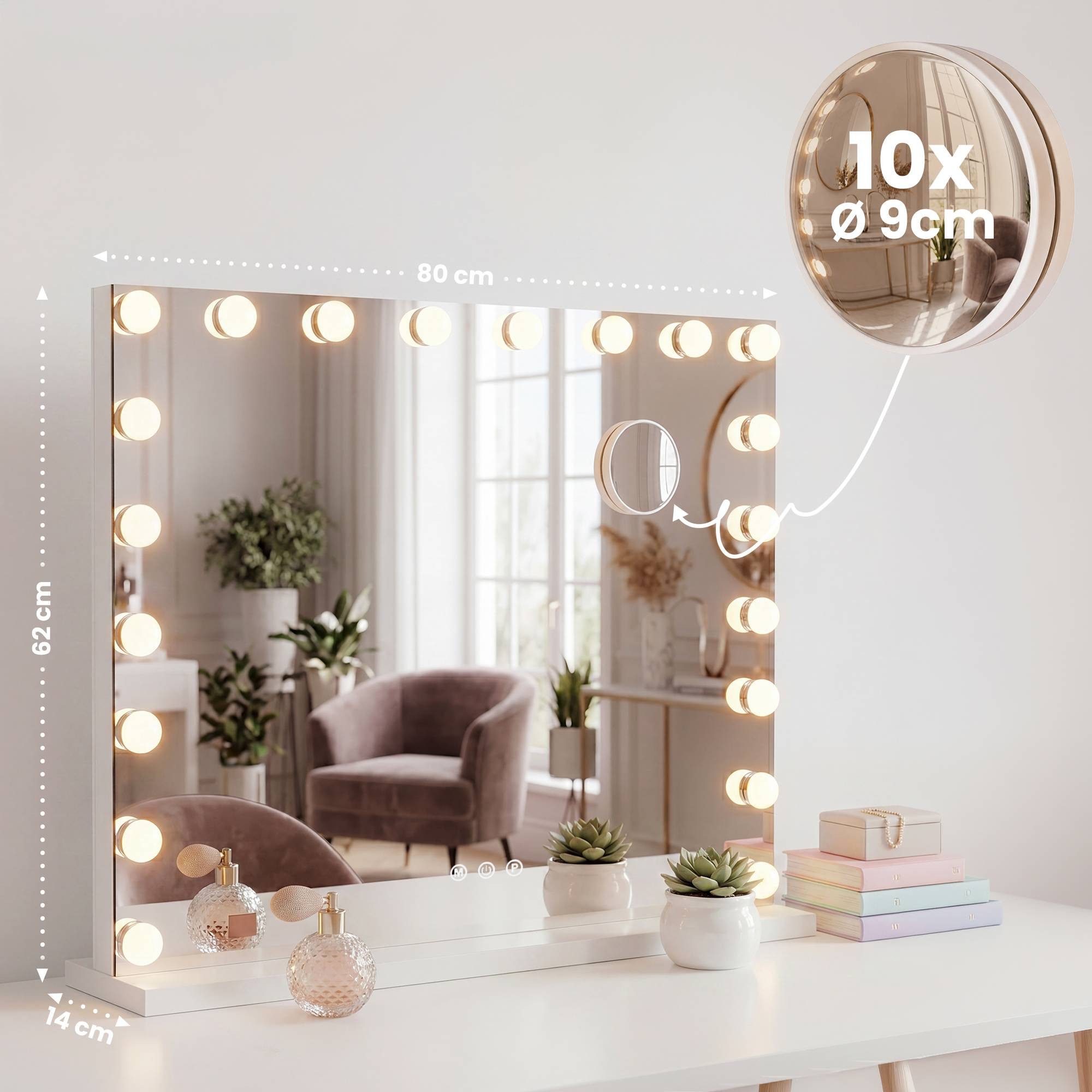 CLP Schminkspiegel Norlina (1er), Vergrößerungsspiegel (10-fach), LED, USB-Ports