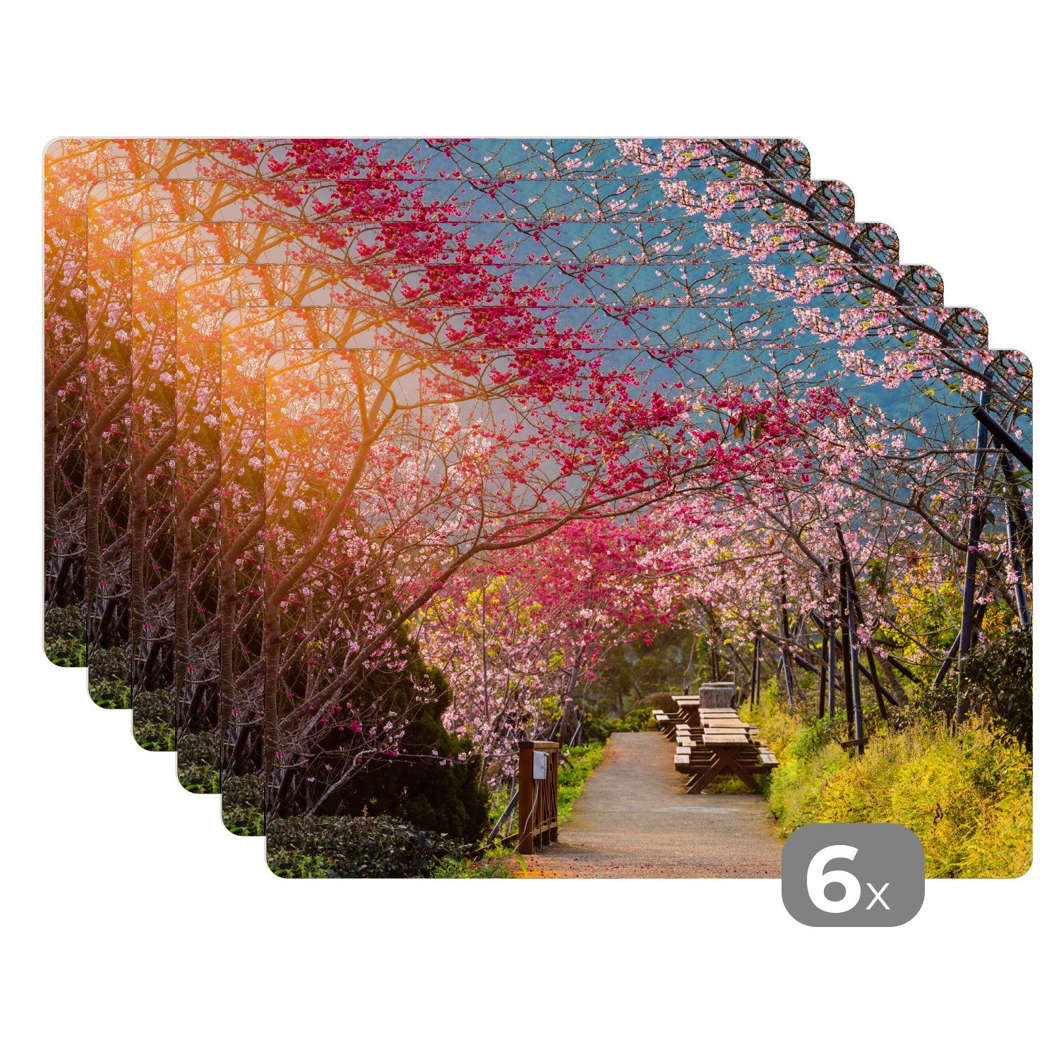 Platzset, Die rosafarbenen Sakura-Blätter des Baumes am Straßenrand, MuchoWow, (6-St), Platzset, Platzdecken, Platzmatte, Tischmatten, Schmutzabweisend