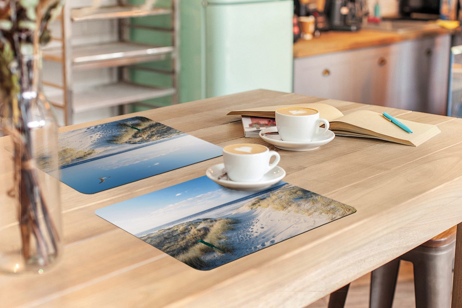 MuchoWow Platzset Düne - Möwe - Strand - Meer - Sonne, (6-St), Platzsets, Tischset, Abwaschbar, Tischsets, Platzdeckchen