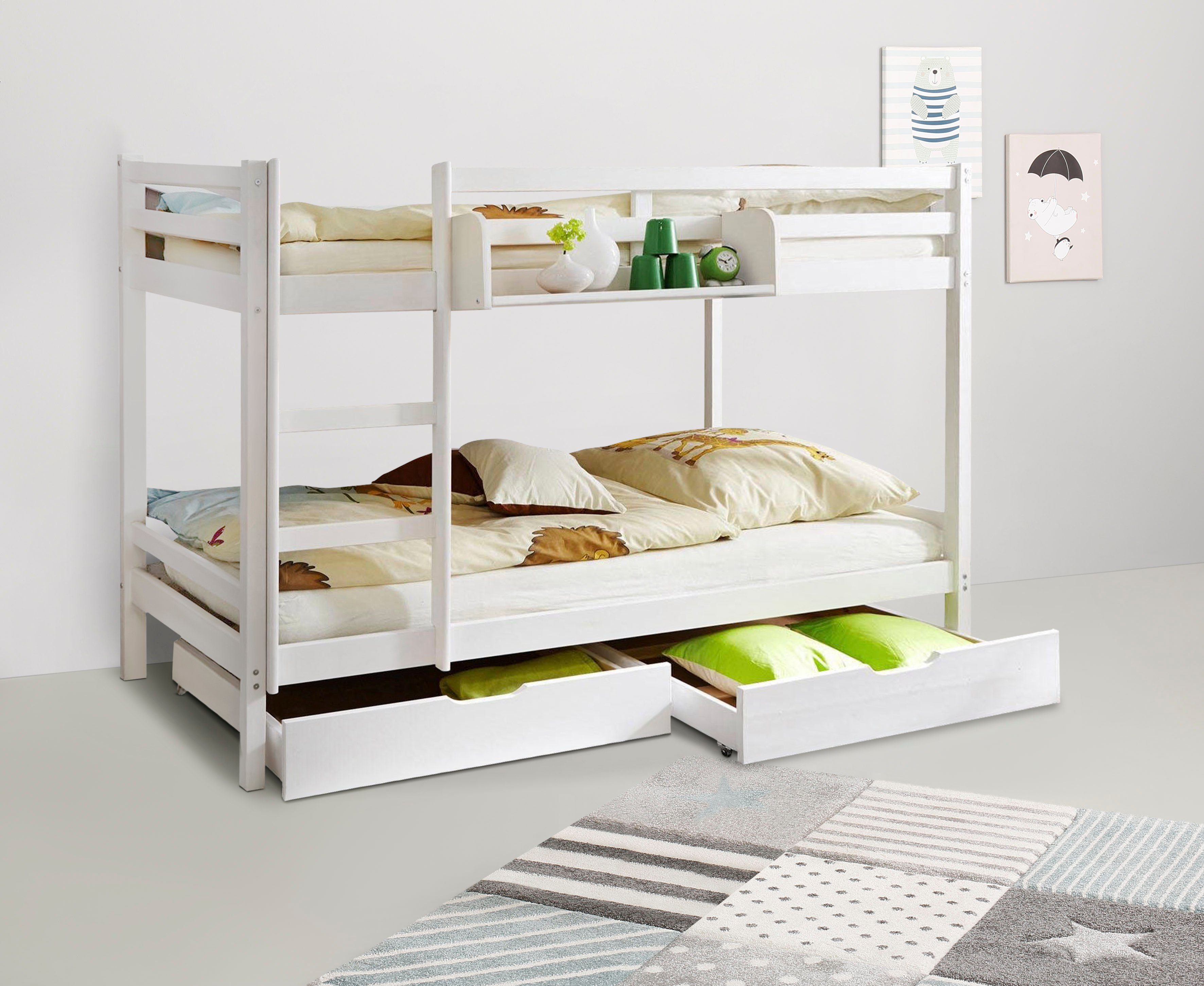 René, TOPSELLER! Etagenbett Massivholz, Kiefer Hochbett, Farben, FSC® 2 Rundum-Absturzschutz mit weiß 90x200cm, Trittleiter massiv In Ticaa + zertifiziertes