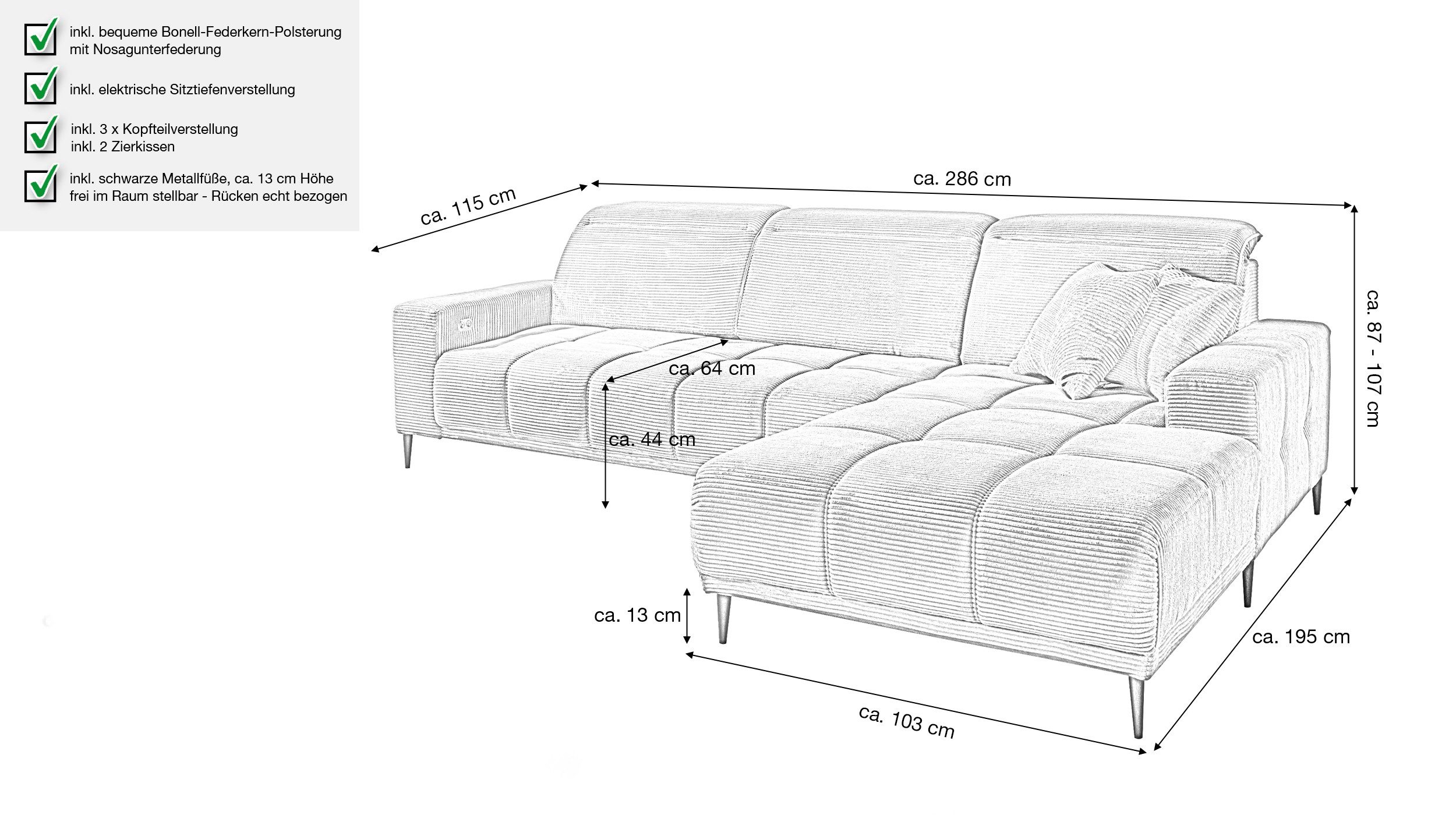 Massivart® Ecksofa Cord 286 cm / Cordsofa / elektrische Sitztiefenverstellung / MARISOL, Kopfteilverstellung / Sitztiefenverstellung / Nosagunterfederung