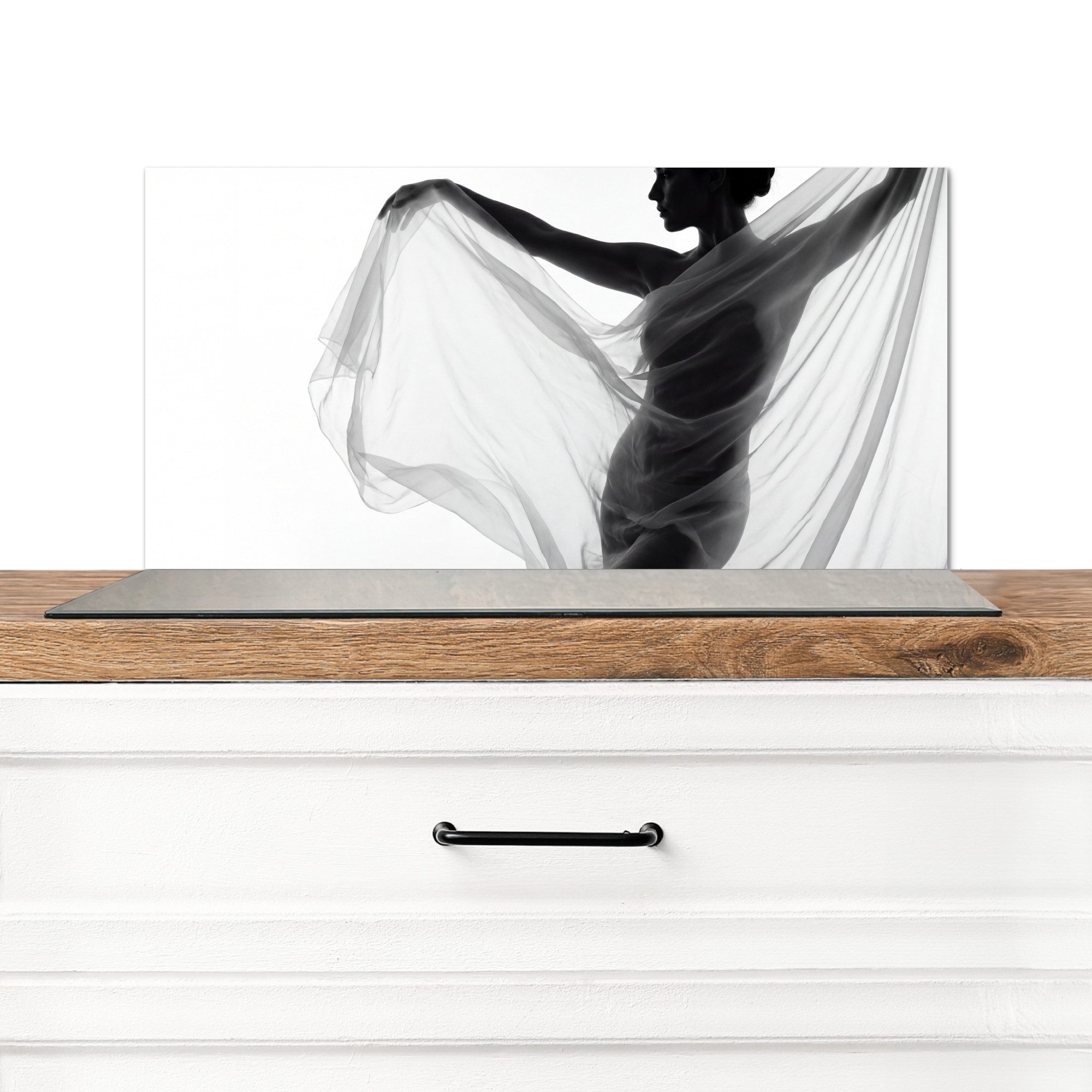 KitchenYeah Küchenrückwand Silhouette - Schleier - Formen - Schwarz - Weiß - Sinnlich, (1-tlg), Rückwand Küche, Wandschutz, Deko, 70x30 cm