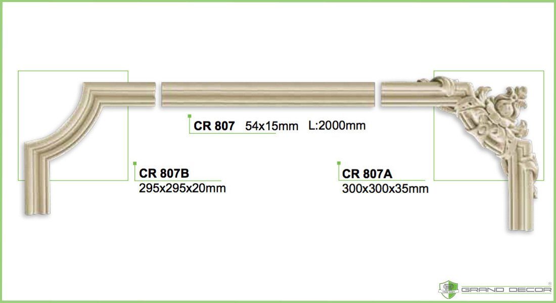 295x20mm Flachleiste, Segment CR807B, als CR807B Deckenumrandung stoßfest, zur - hart PU und Stuckleiste Decor Wand- / & Ergänzung aus weiß - Spiegelrahmen Grand