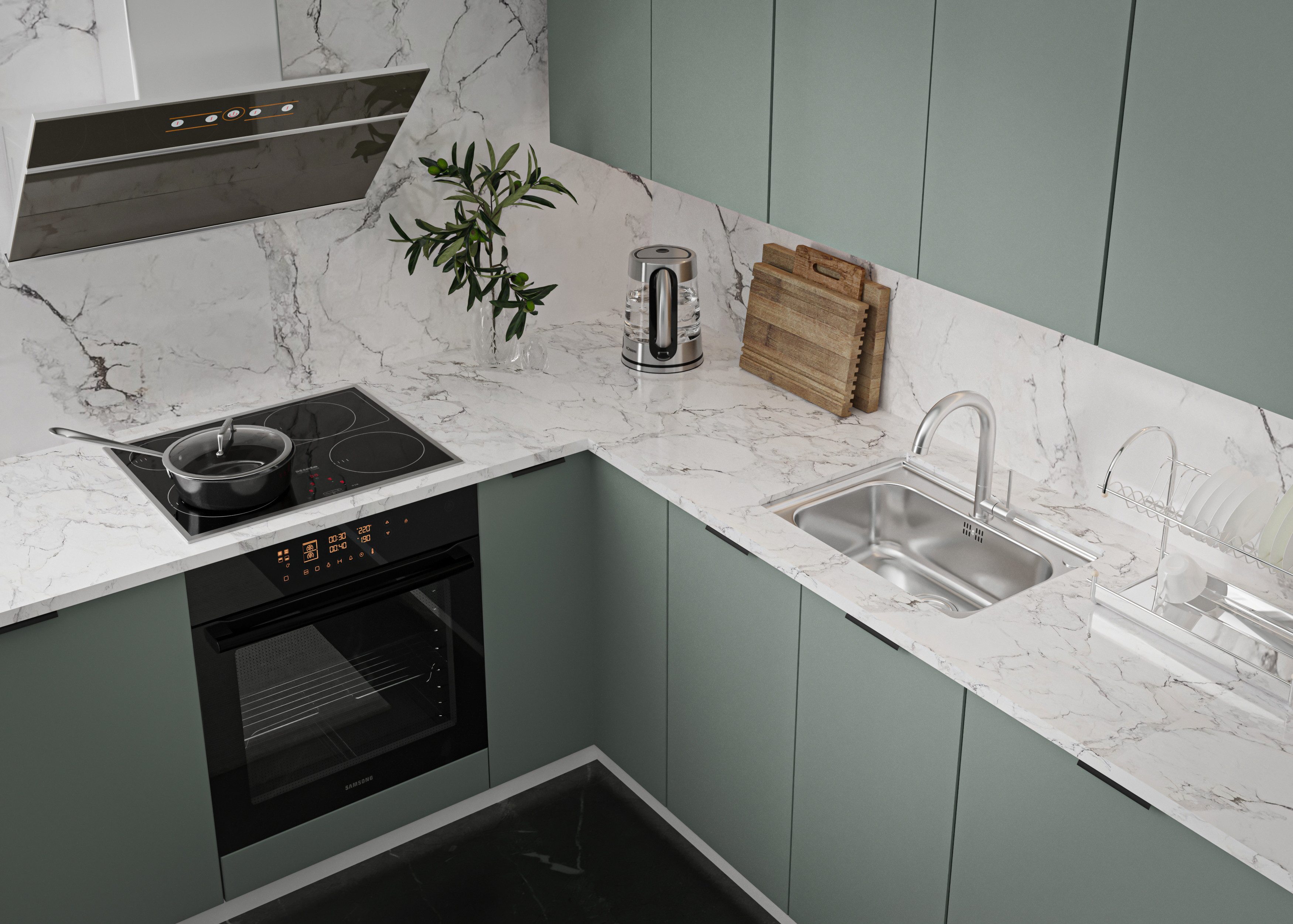 ROYAL24_MARKT Winkelküche K52-G330 - Sorento - Ergonomisches Design zum Kochen und Reinigen, (Komplett Set), Zeitlos - Exklusiv - Top Qualität.