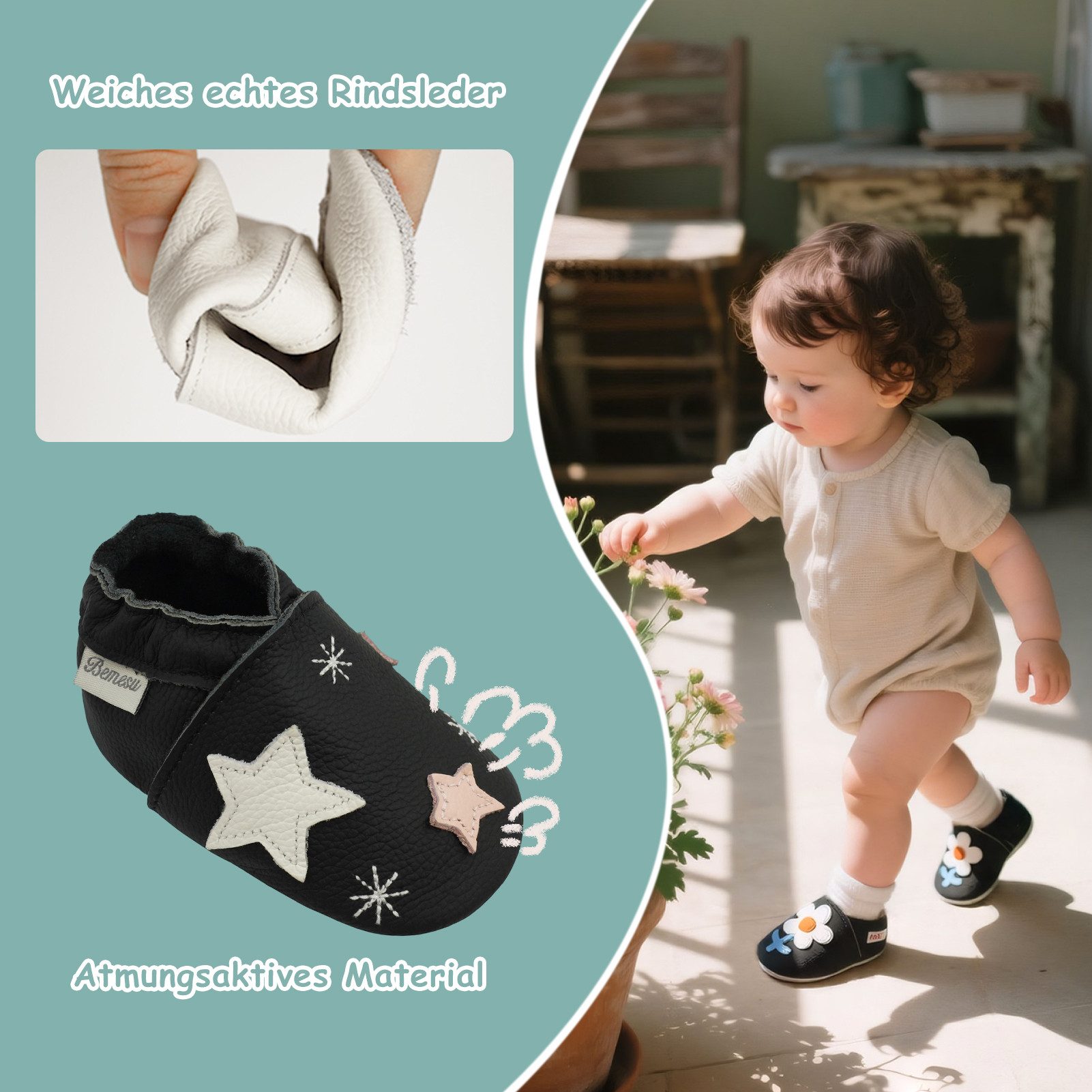 Bemesu Bemesu Baby Leder Krabbelschuhe Lauflernschuhe Rutschfest Barfußschuh Rutschfest atmungsaktiv