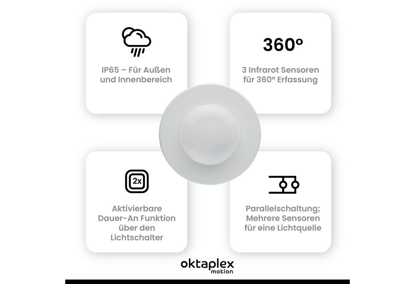 Thumbnail - Oktaplex motion Bewegungsmelder Pia 360° PIR-Sensor für Außen, Deckenbewegungsmelder sehr flach 2-16m Reichweite