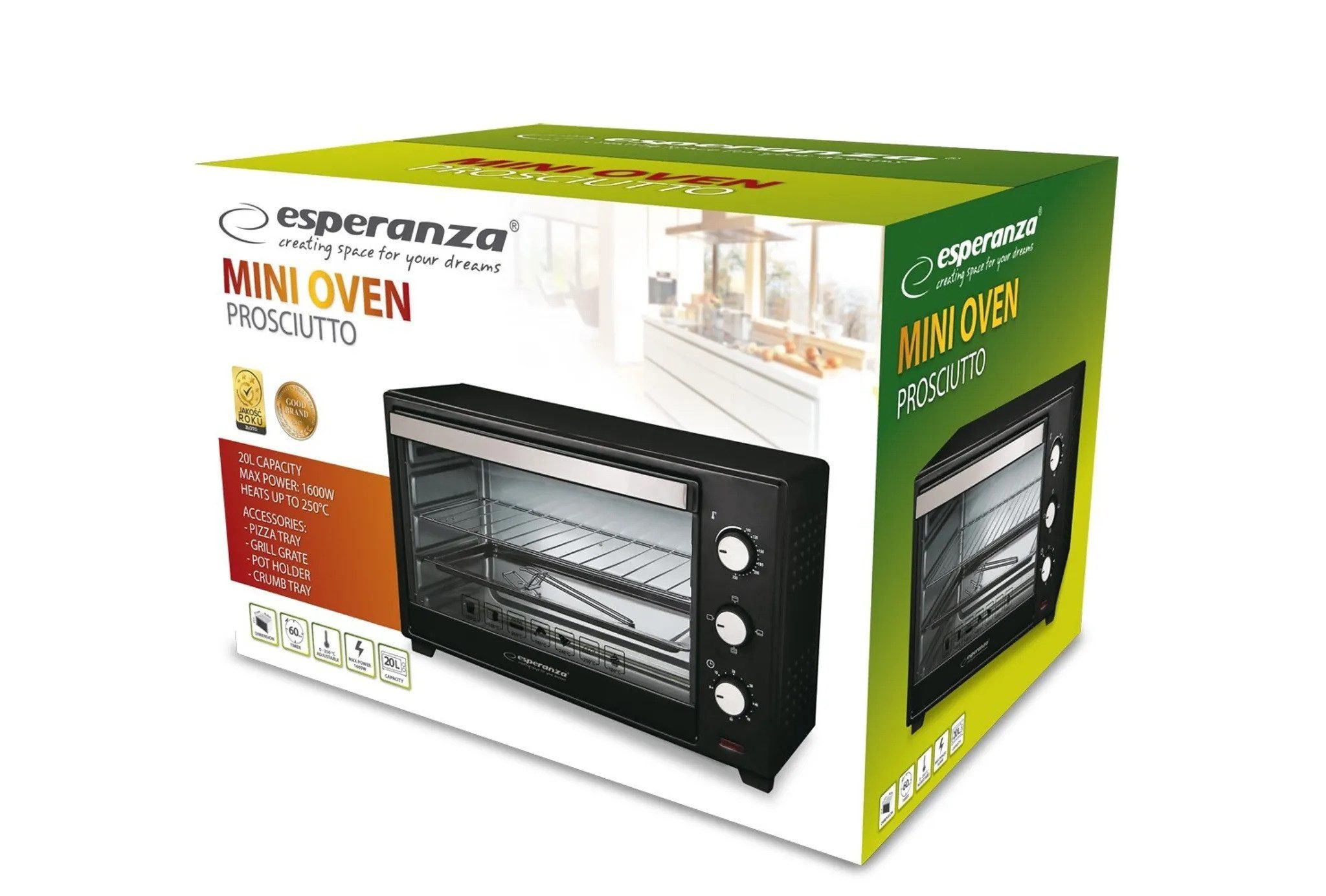 Esperanza Minibackofen Minibackofen Esperanza Konvektions-Mini-Backofen 20L 1600W, Pizza, Aufläufe, Pommes Frites Fleisch Fisch backen
