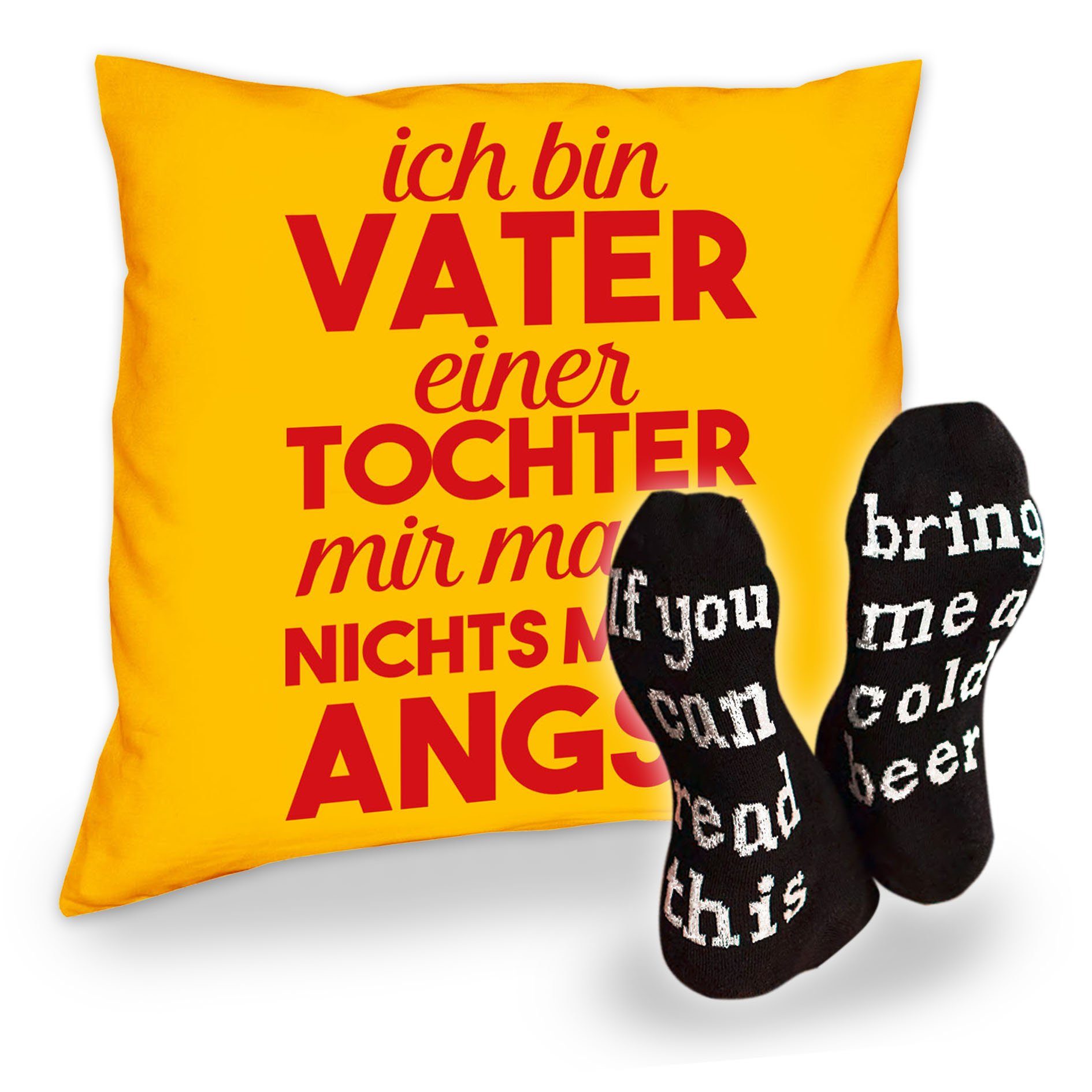 Soreso® Dekokissen Kissen Ich bin Vater einer Tochter und Socken mit Bier Spruch, Geschenkidee Weihnachtsgeschenk gelb