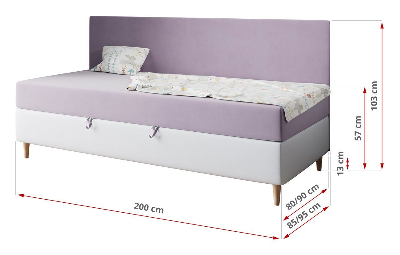 Weiss Violett 90x200, für Boxspringbett - ZUZA Jugendzimmer und Kinderzimmer Einzelbett und MÖBEL 2, MKS Kinderbett