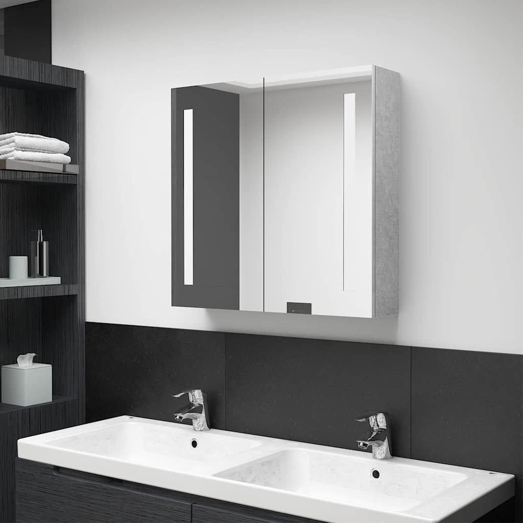 furnicato Badkommode LED-Spiegelschrank 62 x 14 x 60 cm Betongrau (1 St), Beleuchteter Badezimmerschrank mit 3 Böden und USB-Anschluss