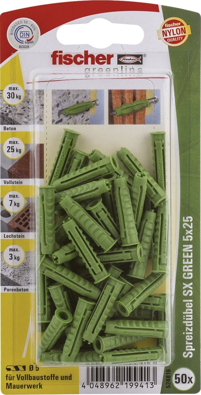 50 25 Schrauben- Dübel-Set Fischer green und - Spreizdübel mm x fischer 5.0 SX