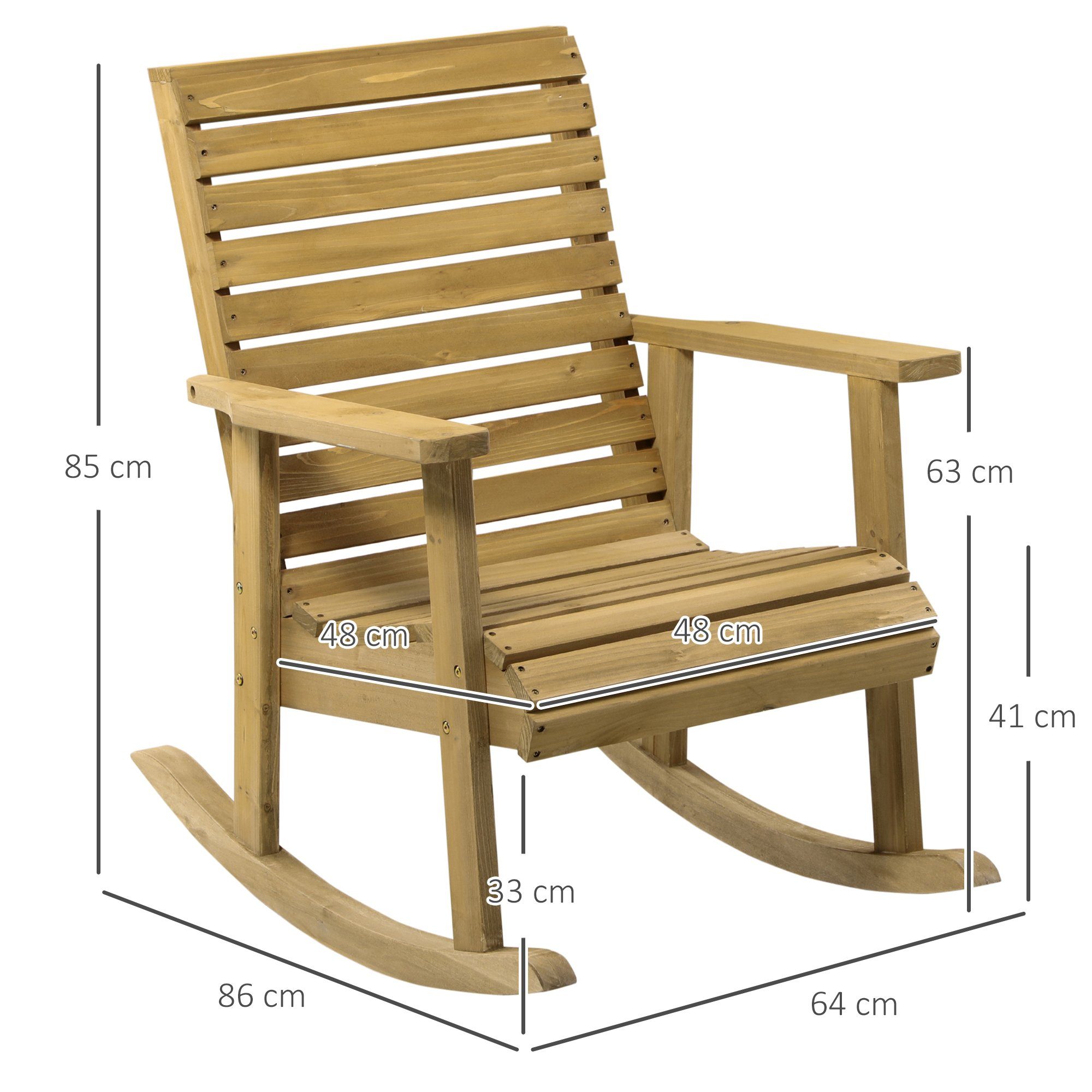 Outsunny Schaukelstuhl mit Armlehne (Schwingsessel, 1 St), Belastbarkeit bis 130 kg, Tannenholz, Hellbraun 64 x 86 x 85 cm