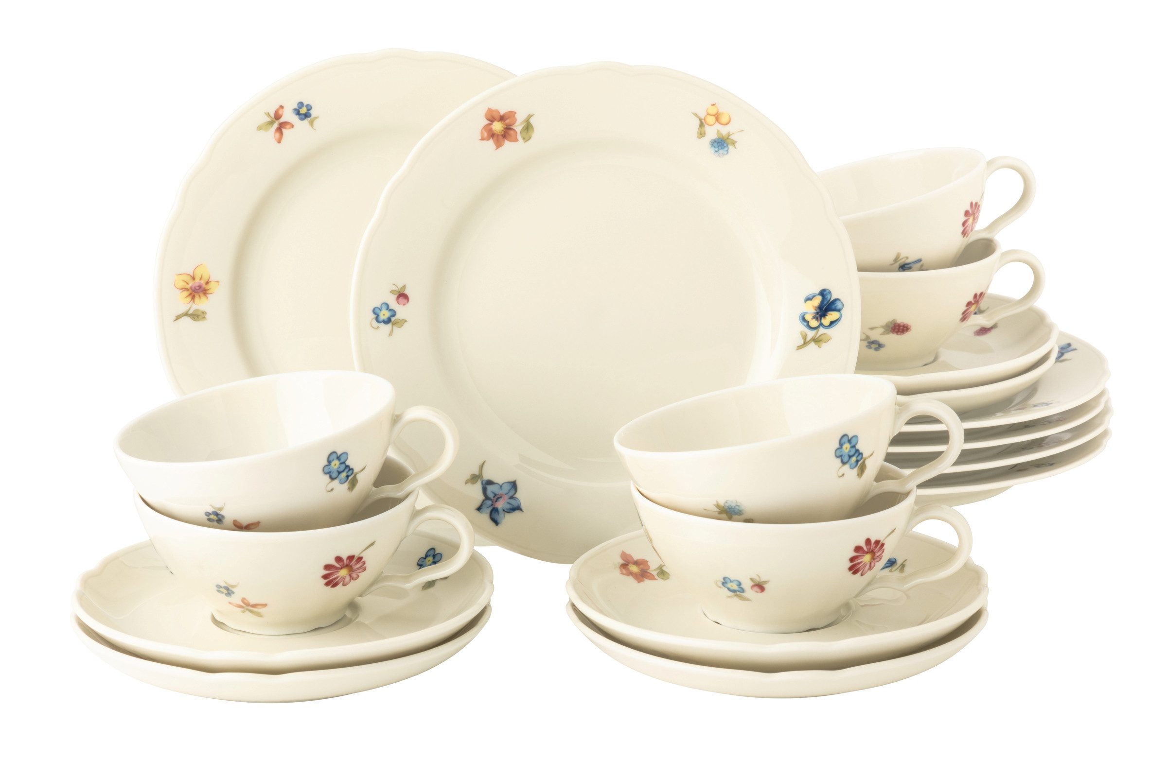 Seltmann Weiden Teeservice Geschirr-Set, 18 Teile, Marieluise Blütenmeer (18-tlg), 6 Personen, Porzellan, Teetassen, Teller, Untertassen, Made in Germany 18 Teile, 6 Personen