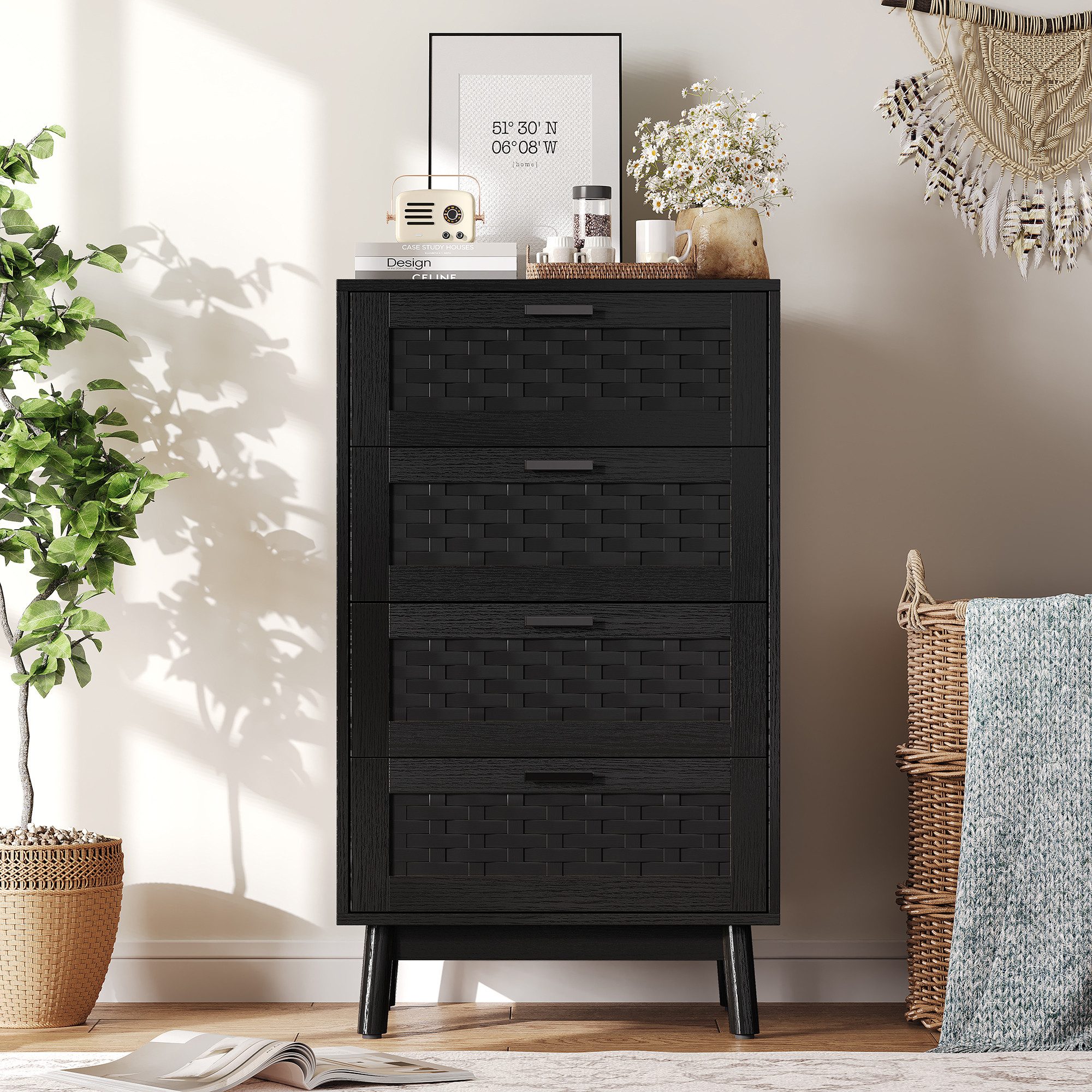 FUROKOY Kommode Sideboard mit 4 Schubladen Rattanschrank Küchenschrank, Schlafzimmerschrank Holz,Schwarz