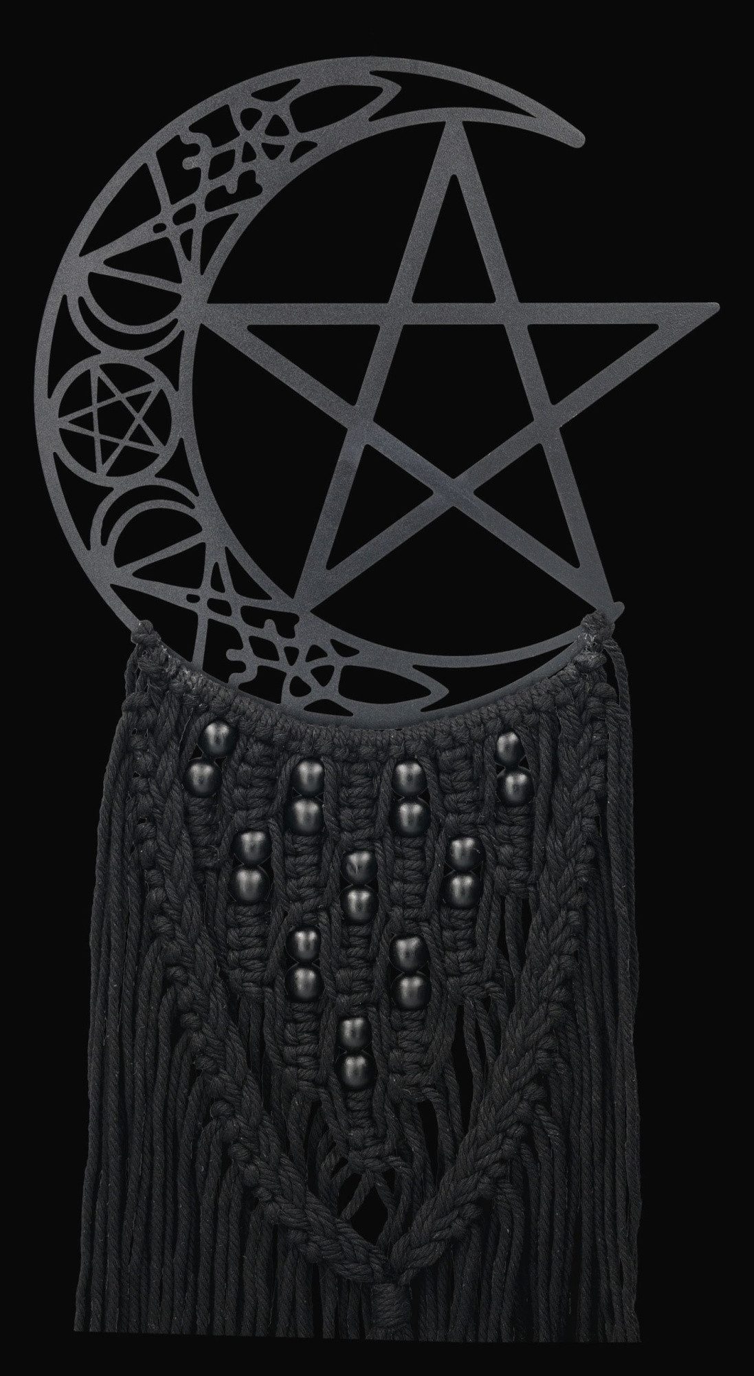 Figuren Shop GmbH Wanddekoobjekt Wicca Wandbehang – Pentagramm Mond Symbol Makramee Dekoration 60 cm