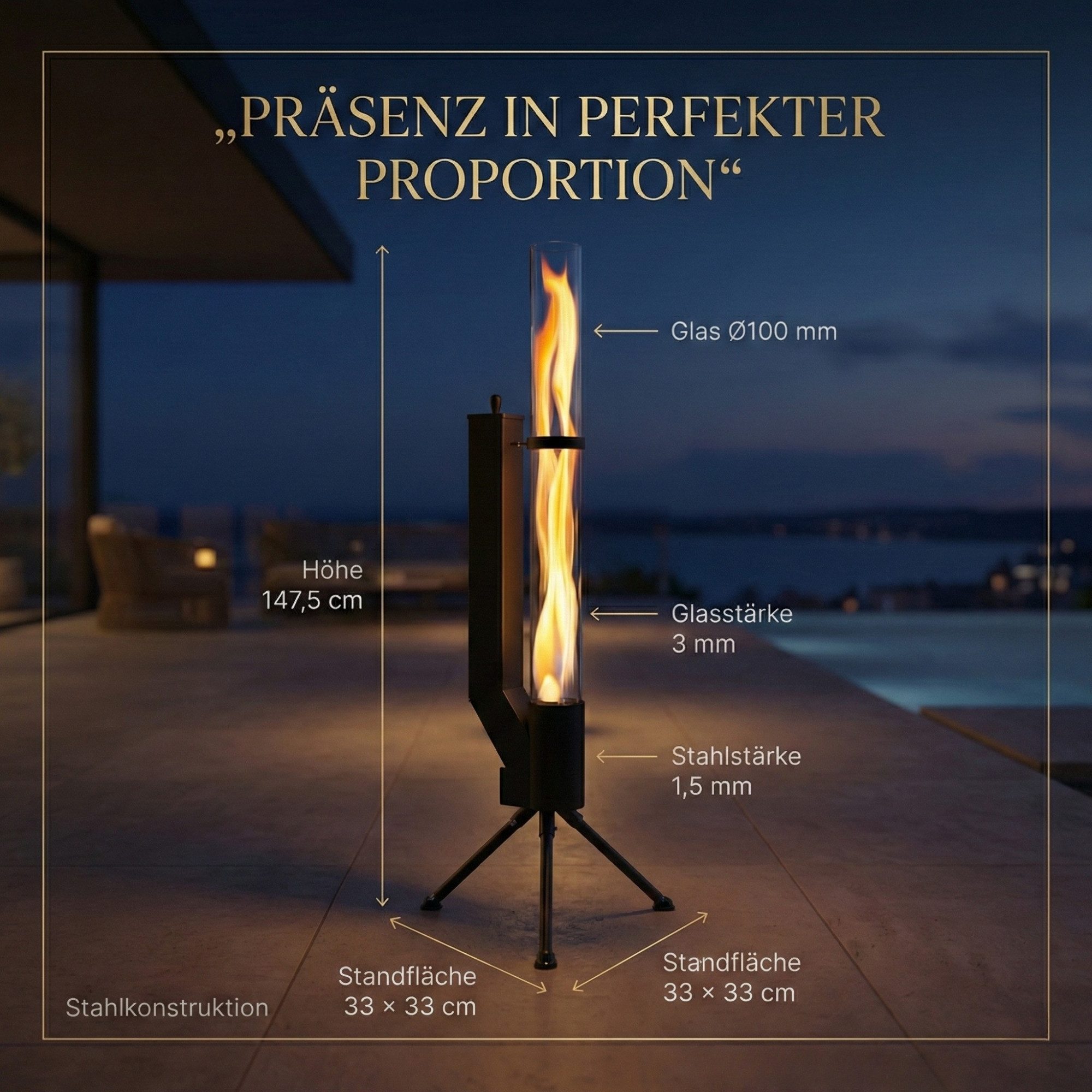 Albatros International Gartenkamin Pelletfackel Schwarz mit Glasrohr Rocket Stove Outdoor, (inkl. Glasrohr und Standfuß), Rocket Stove System lange Brenndauer bis zu 120 Minuten