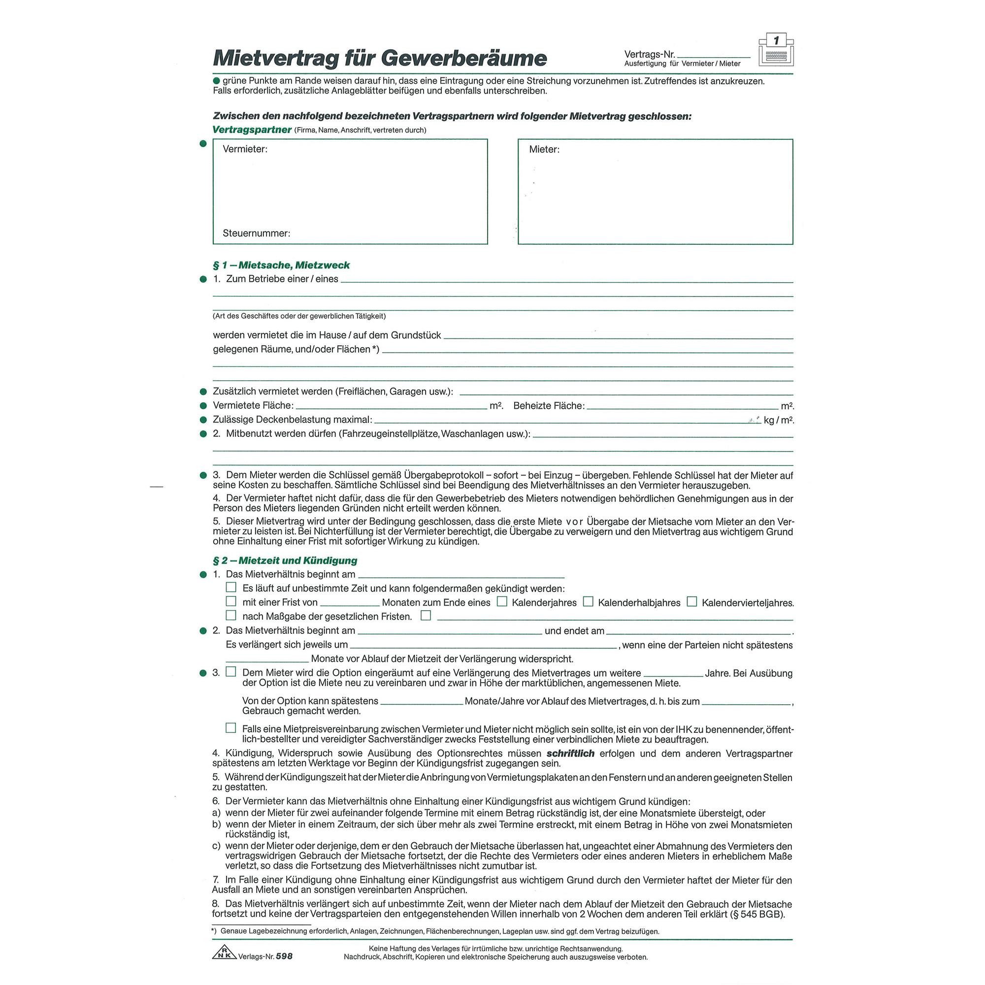 RNK Formularblock RNK Mietvertrag Gewerberaum A4 6 Seiten