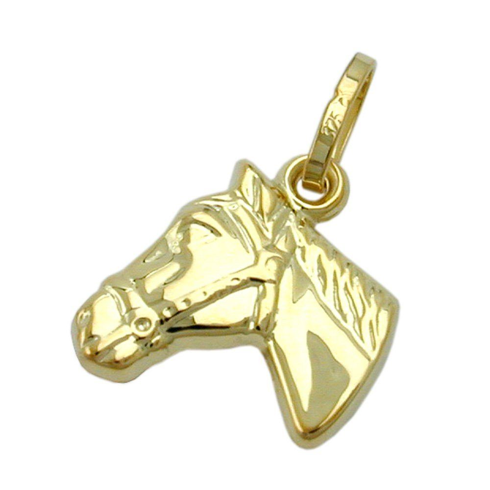 Schmuck Krone Kettenanhänger Anhänger Pferd Pferdekopf aus 375 Gold Gelbgold glänzend Goldpferd Damen, Gold 375