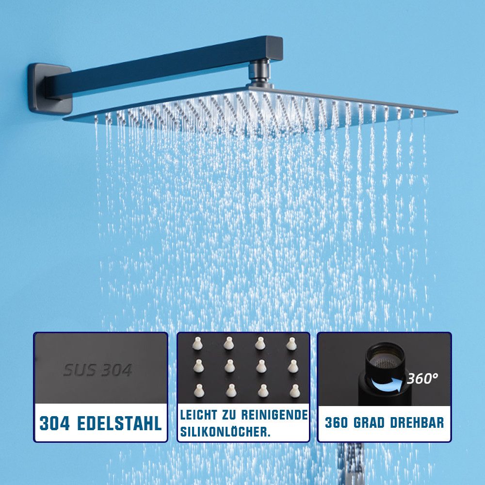 XIIW Duscharmatur Unterputz Duschsystem Schwarz Duschset 30x30cm Regendusche Komplettset (mit Temperatur LCD Display, Messing & Edelstahl, Keramik Ventilkern, 1 – Bild 5 von 5