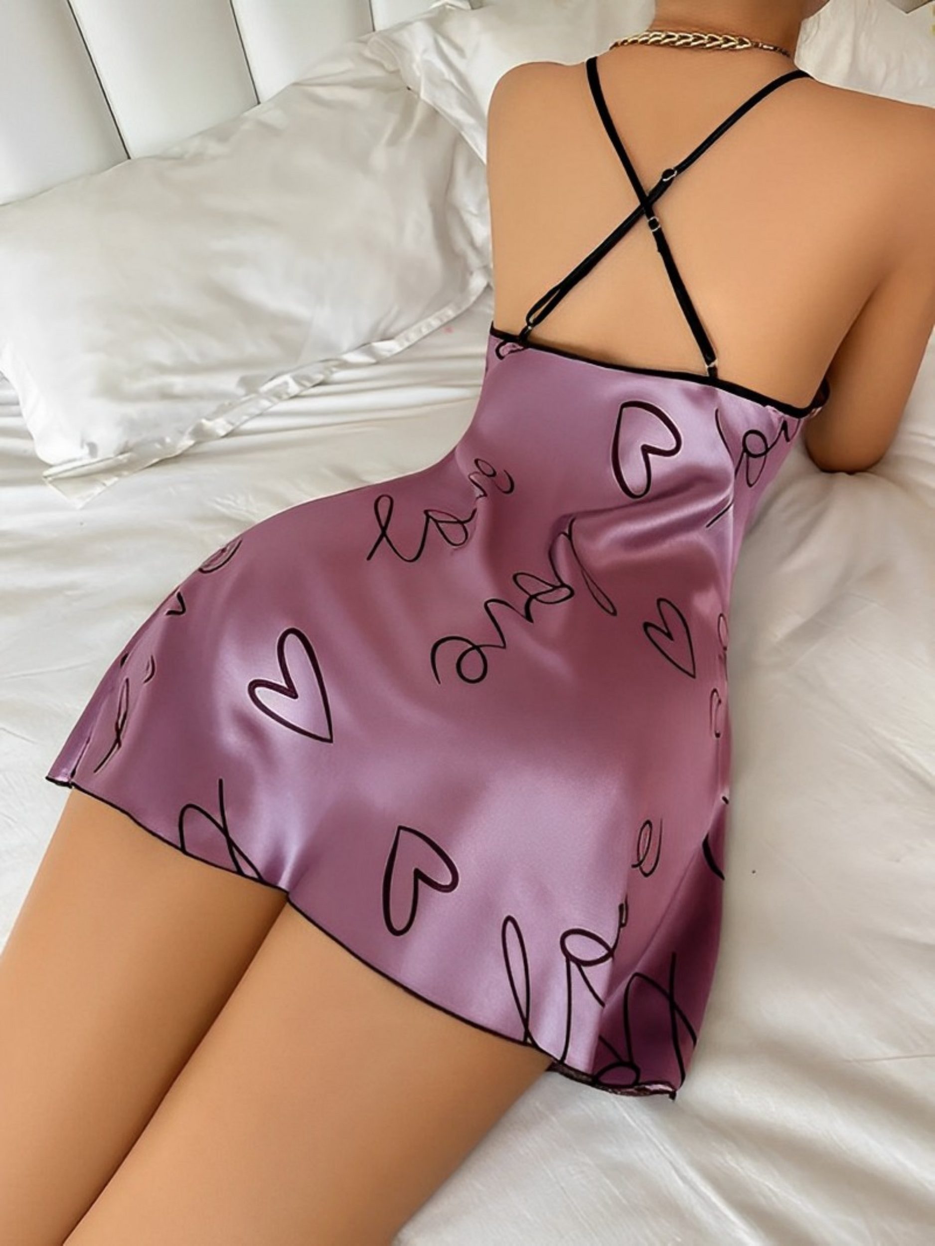 Elegant Love Nachthemd Sexy Negligee für Damen, Nachtwäsche aus Satin (1-tlg) Rückenfreie Loungewear mit Herz- und Buchstabendruck