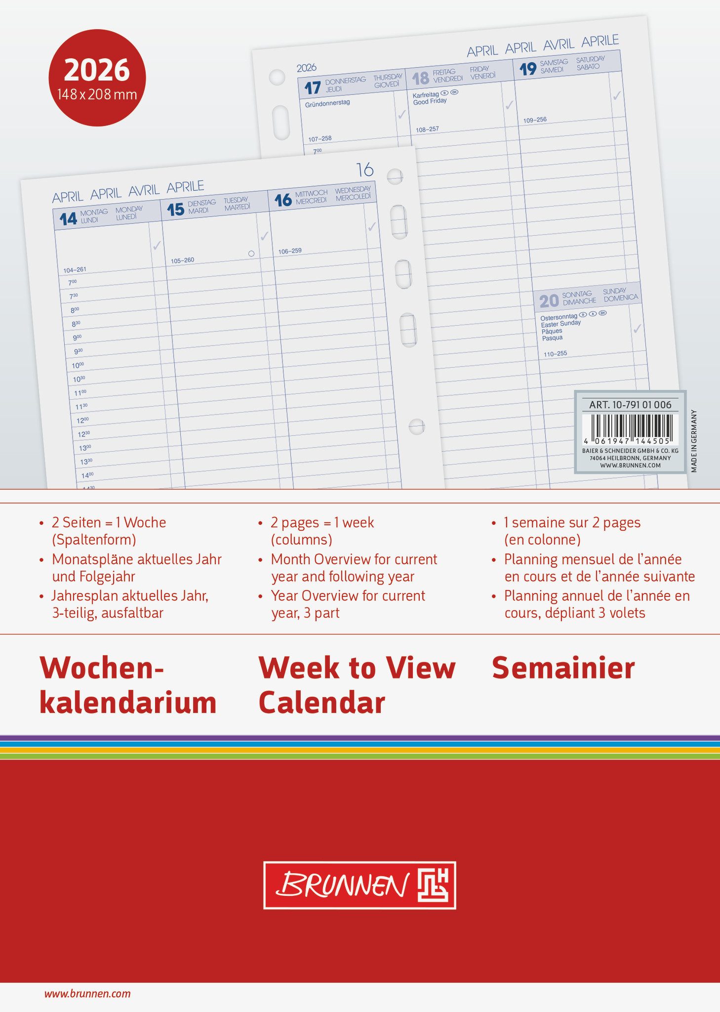 BRUNNEN Terminkalender BRUNNEN 1079101006 Timer Einlage A5 2Seiten/1Woche