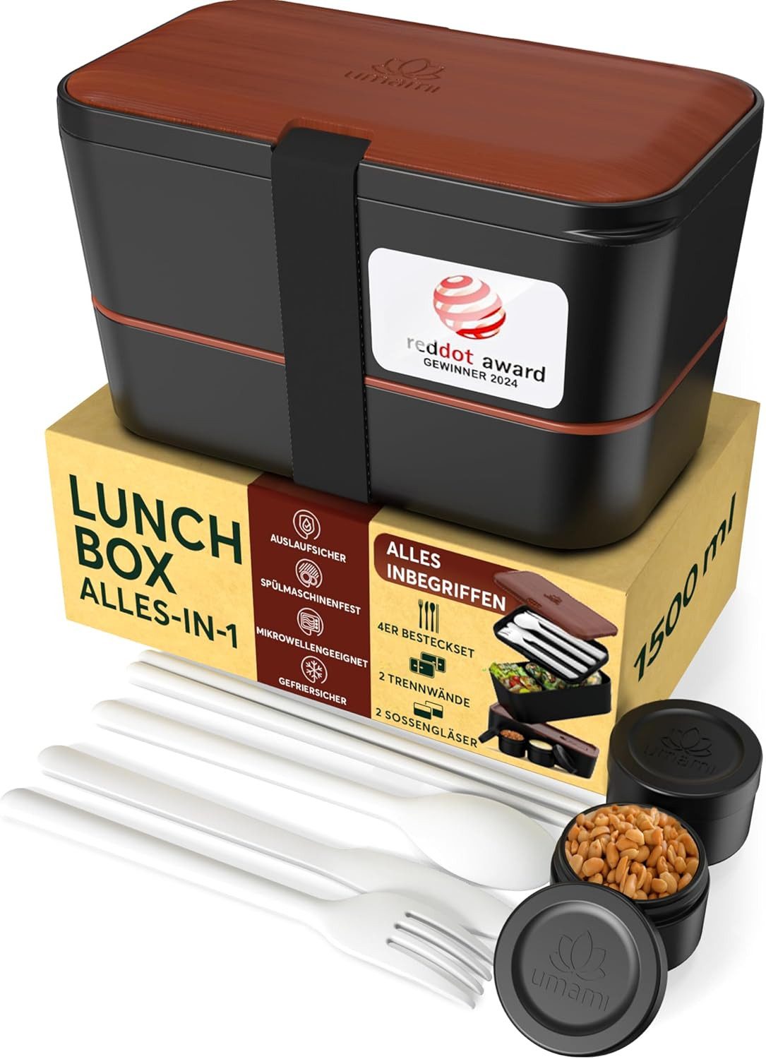 UMAMI Lunchbox Bento für Erwachsene mit Besteck und 2 Saucenbehältern, (Inkl. Zubehör Brotdose mit Fächern für Meal Prep), als Brotdosen für Salat, Snack Bento Box, Auslaufsichere Brotdose
