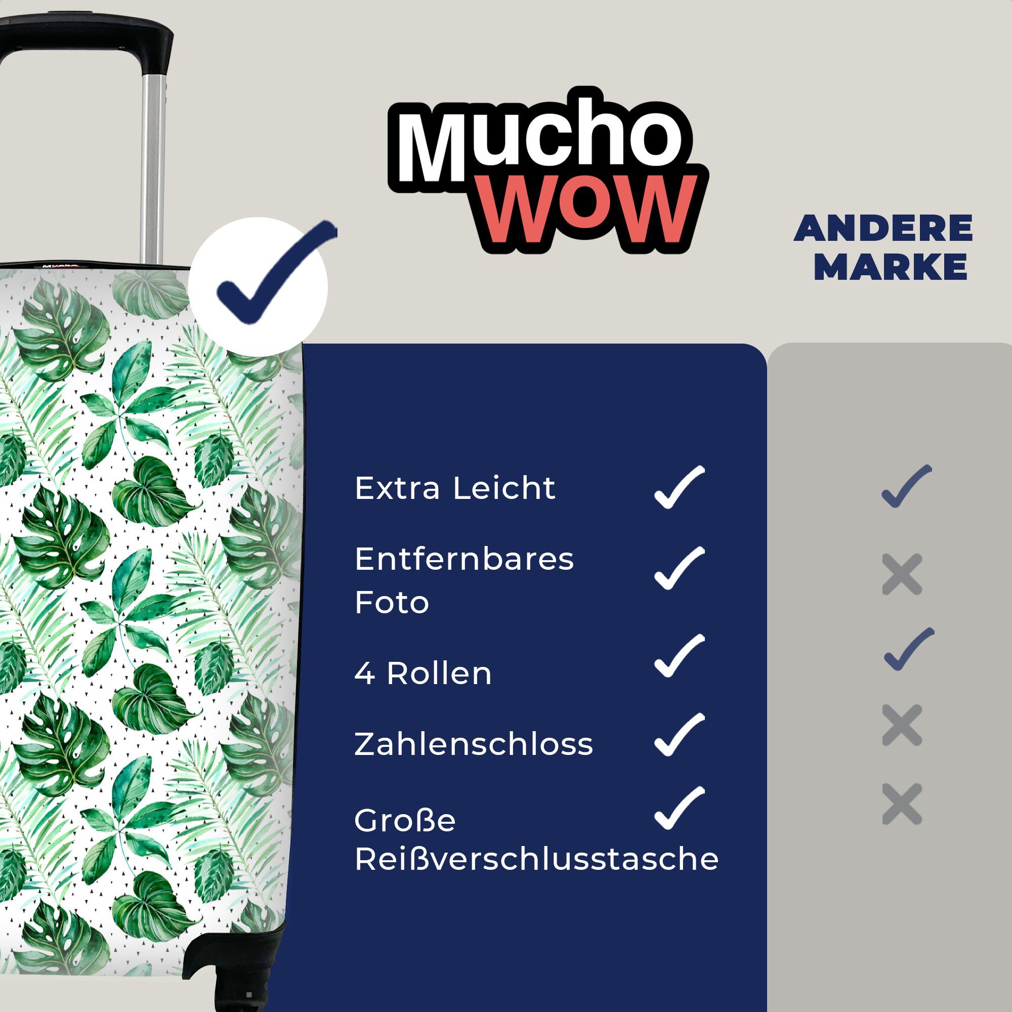 MuchoWow Handgepäckkoffer Vintage - mit Handgepäck Reisekoffer 4 Ferien, Blatt - Rollen, Reisetasche Pflanzen, Trolley, für rollen