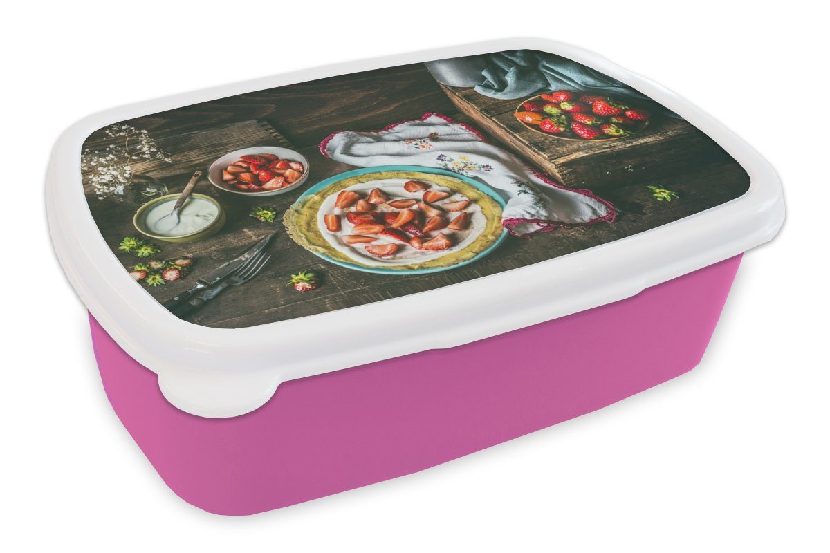 Erdbeere - Kinder, Lunchbox Brotdose MuchoWow Kunststoff Blumen, Erwachsene, Brotbox Snackbox, Rustikale (2-tlg), Obst Mädchen, für Rustikal rosa - - Kunststoff,