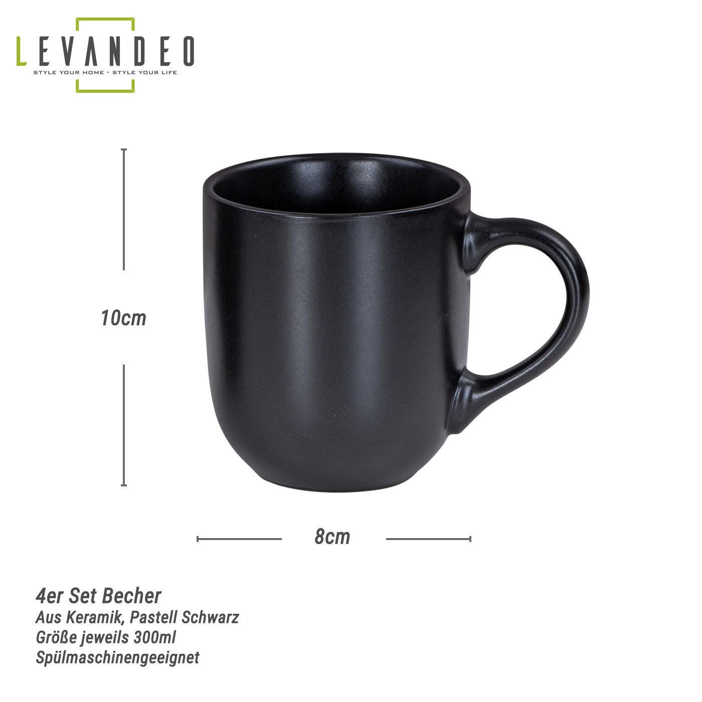 Levandeo® Becher, 4er Set Steingut Tassen 300ml Schwarz Kaffeetasse Kaffeebecher Edel