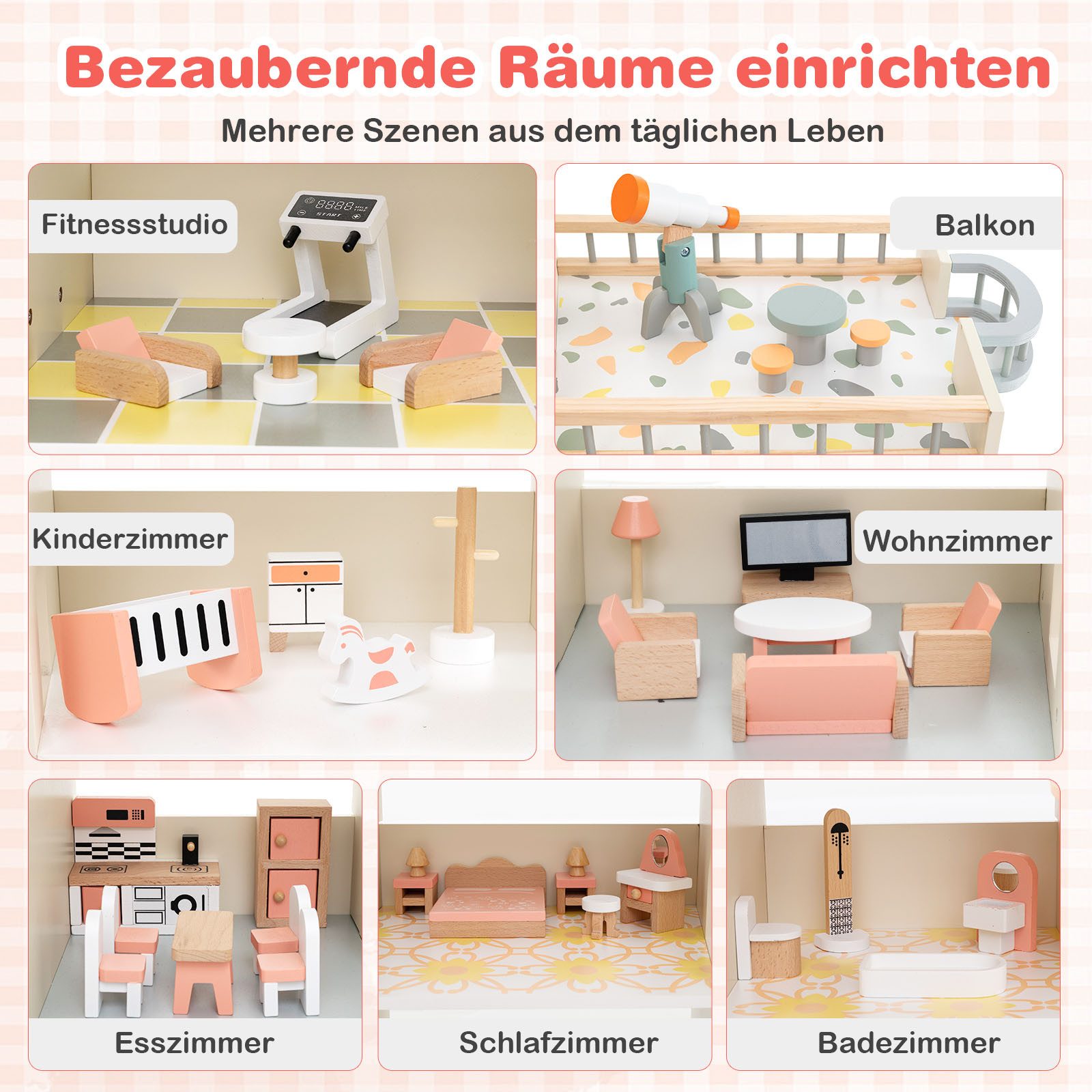 COSTWAY Puppenhaus, 6 Etagen mit 6 Zimmern & 41 Zubehör, Holz