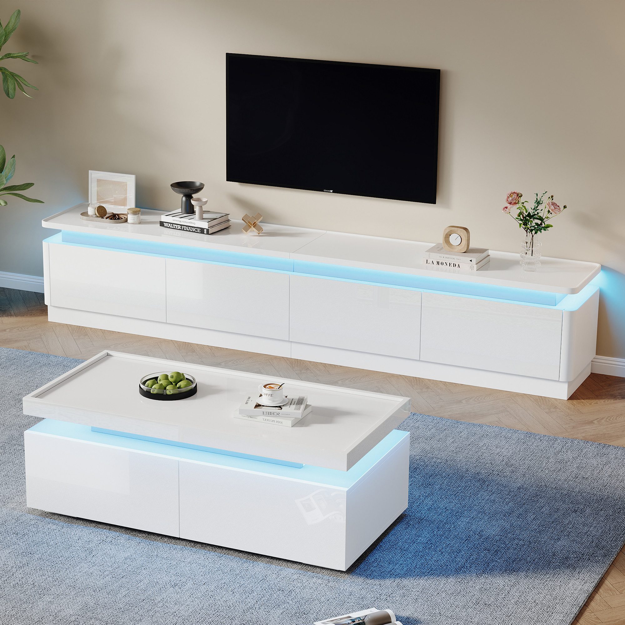 REDOM Wohnzimmer-Set bogenförmige Sicherheitskante, (TV-Wandkombination, 2-St., mit bogenförmige Designelemente), mit LED-Leuchten