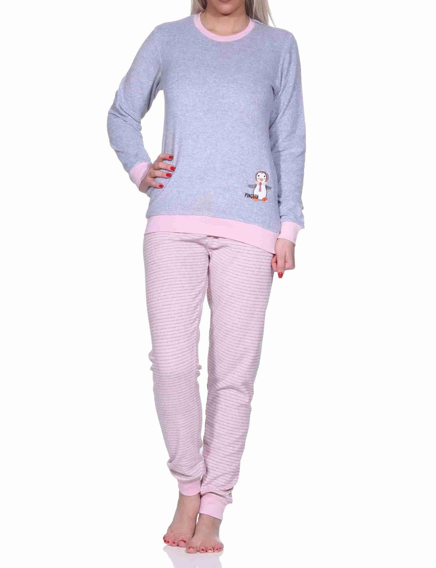 Normann Pyjama Damen Frottee Pyjama langarm mit Bündchen und Pinguin Stickerei
