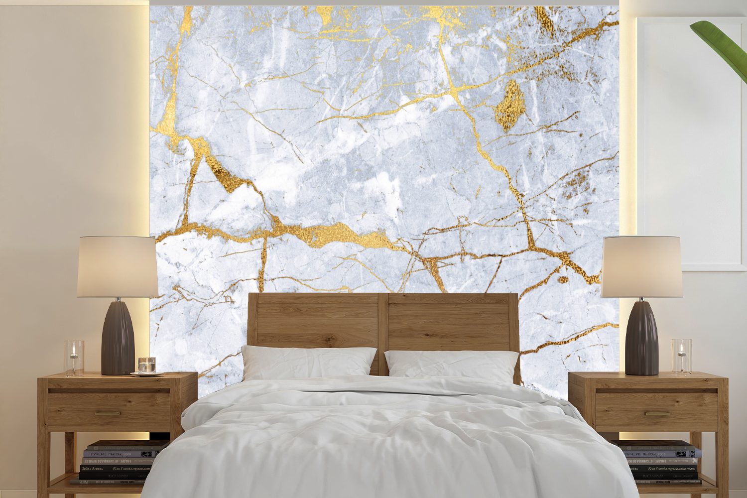 Schlafzimmer, Wandtapete Gold - oder Matt, Fototapete St), Weiß, für (5 - Wohnzimmer bedruckt, Marmor Tapete Vinyl - Muster MuchoWow