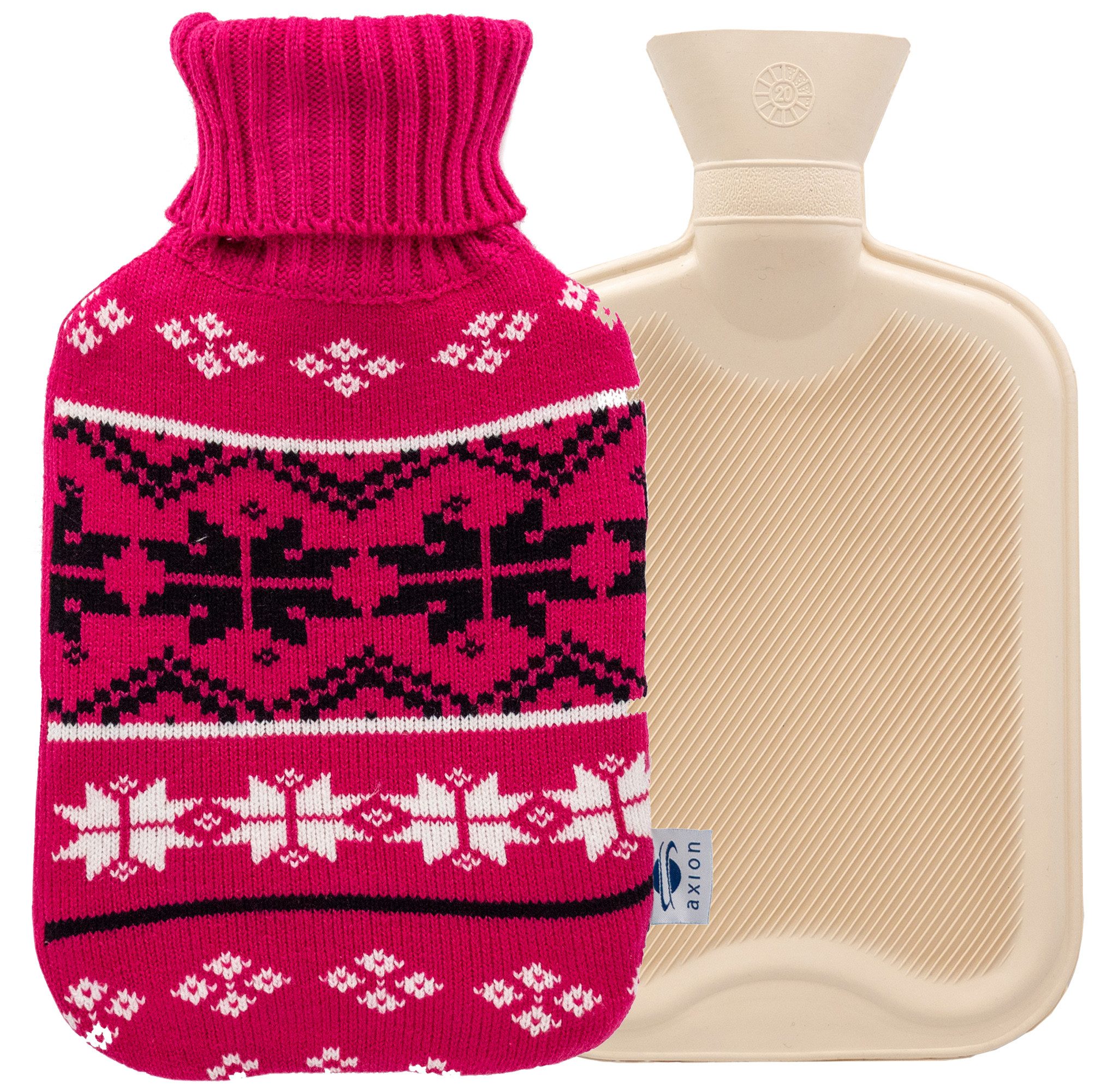 Axion Wärmflasche mit Bezug, 33 x 20 cm, ca. 2 Ltr., Грелки, pinker Strick mit Muster, 100% Naturkautschuk