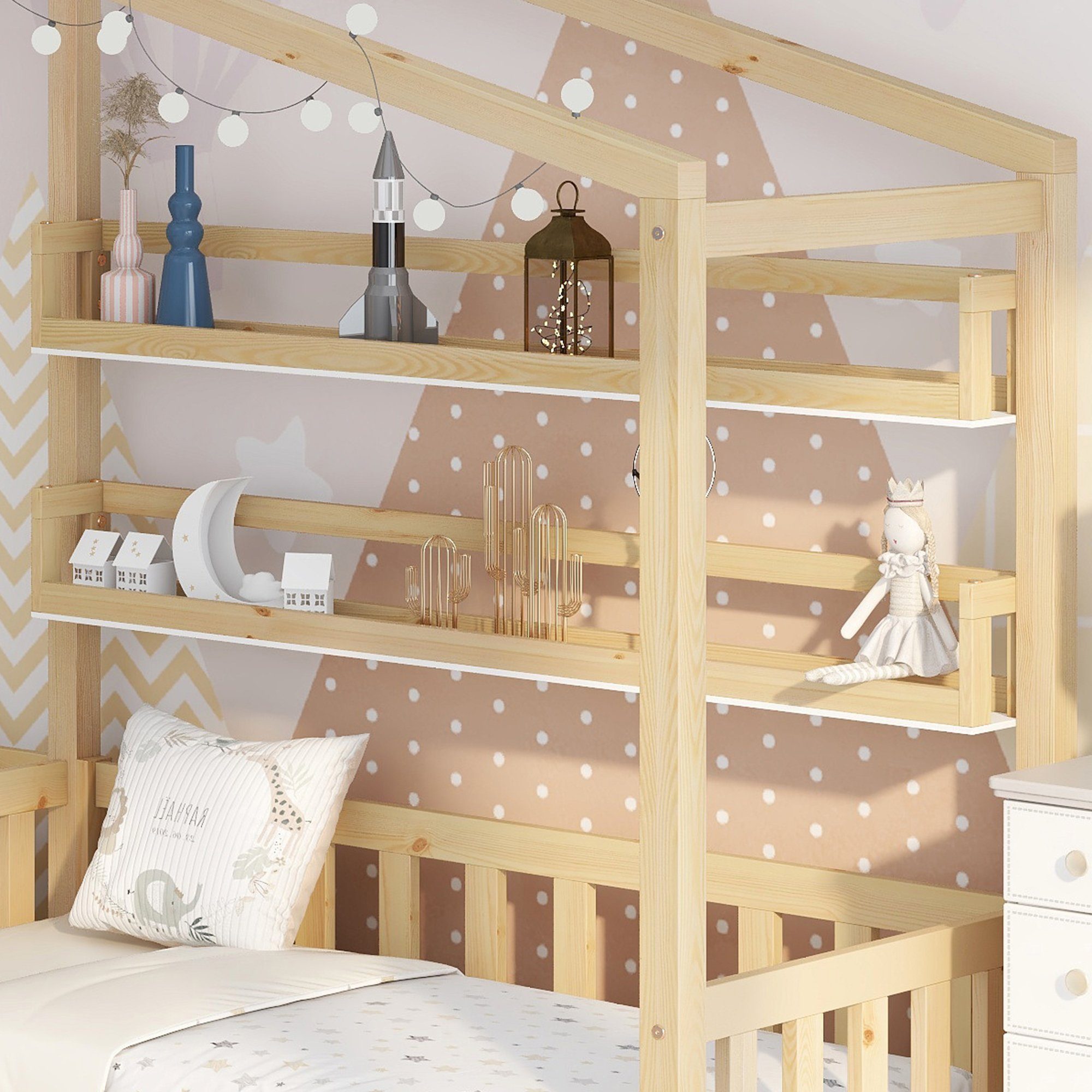 Merax Hausbett aus Massivholz mit Schubkasten, mit Lattenrost und Rausfallschutz, (2-tlg), Kinderbett 90x200cm& 70x140cm, Stauraumbett, Einzelbett, Jugenbett
