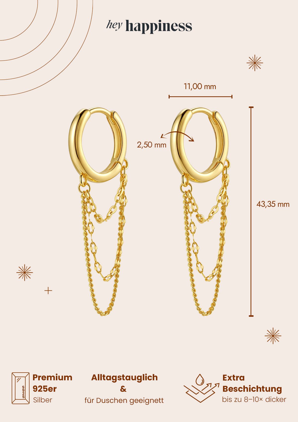 Hey Happiness Paar Ohrhänger Dreifache Kette & Creole, Moderne Damen Creolen 925 Silber, vergoldet