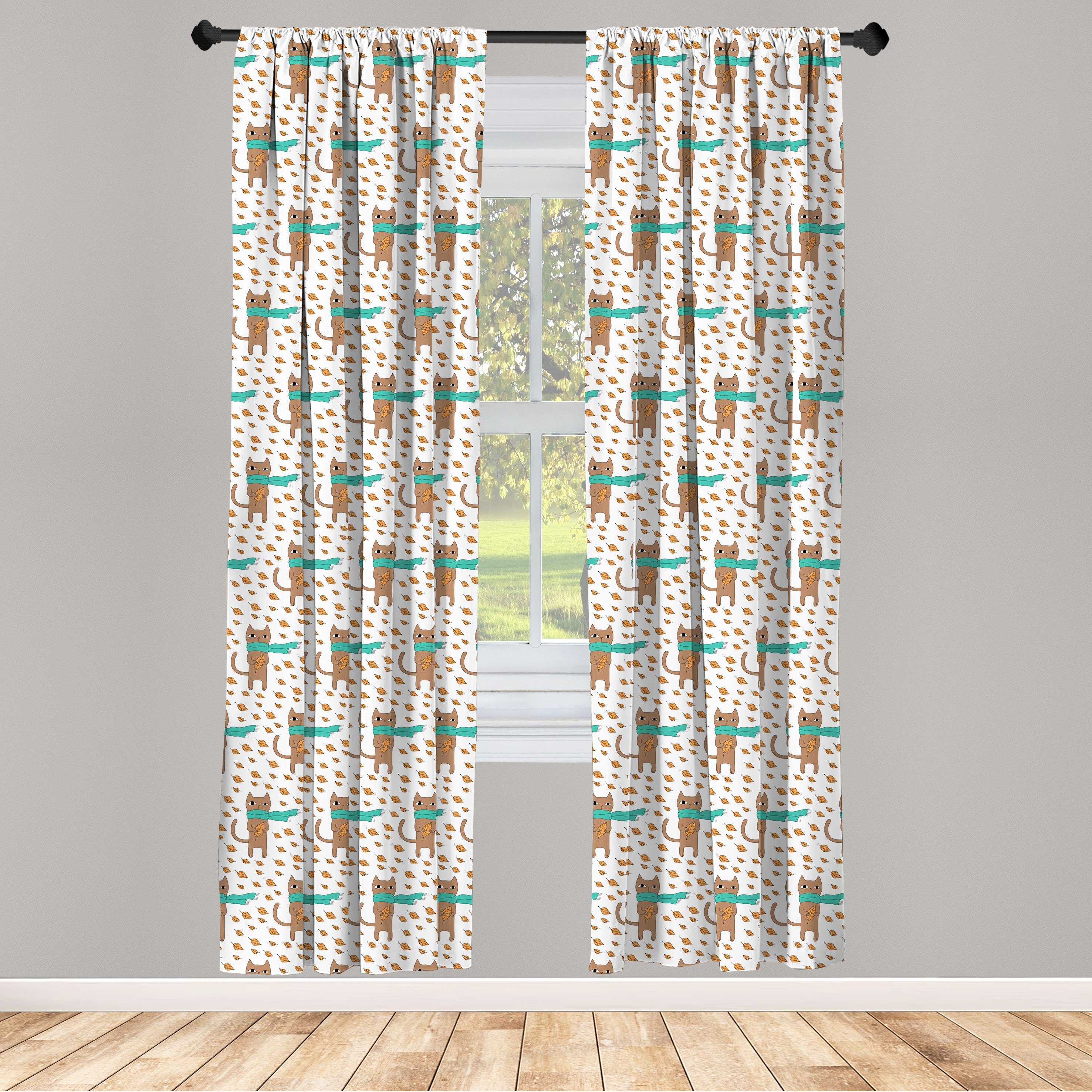 Gardine Vorhang für Wohnzimmer Schlafzimmer Dekor, Abakuhaus, Microfaser, Katze Katze im Schale mit Herbstlaub