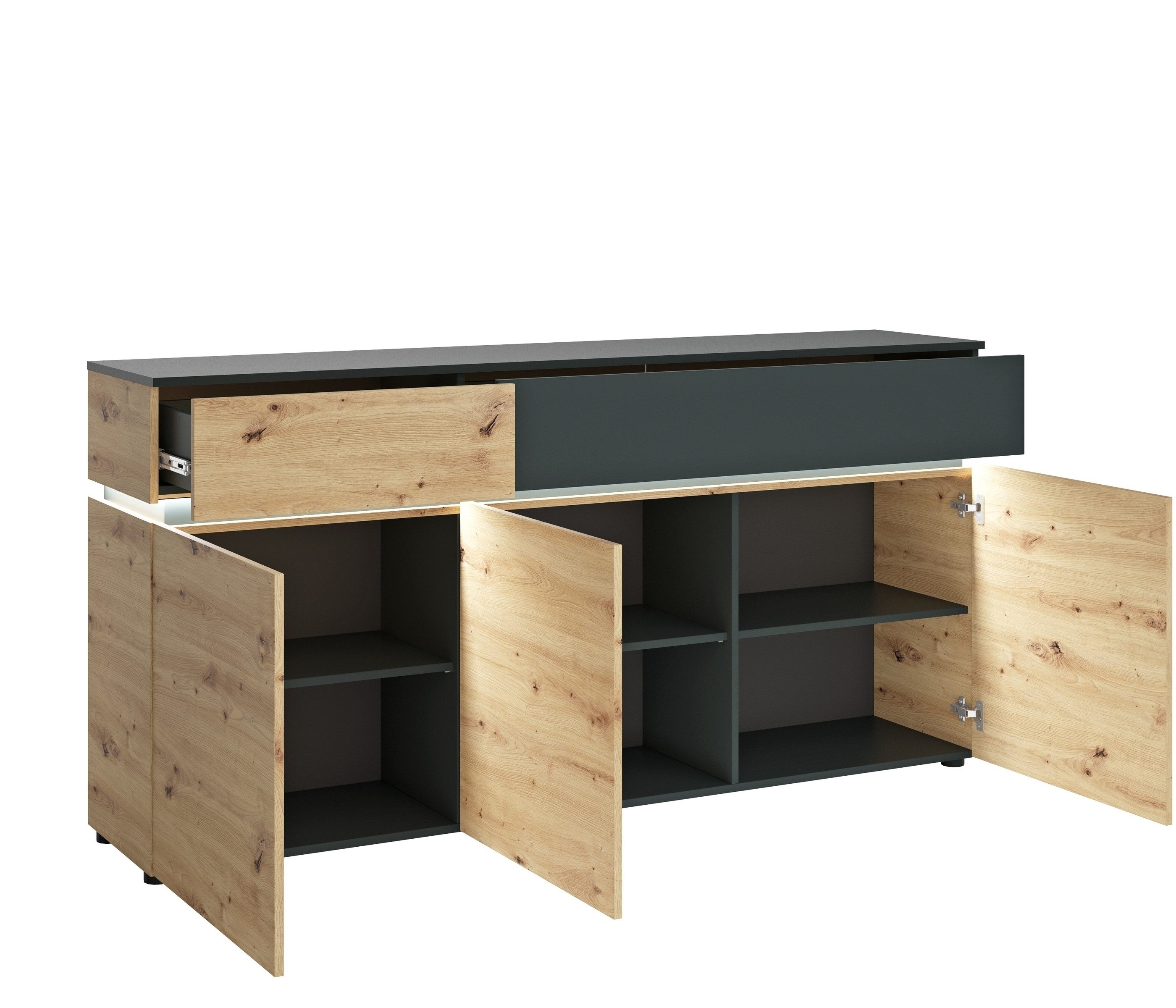 freiraum Sideboard LUCI, 3 Türen, 2 Schübe, Artisan Eiche Dekor/Kosmos Grau - 181x90x40cm BxHxT