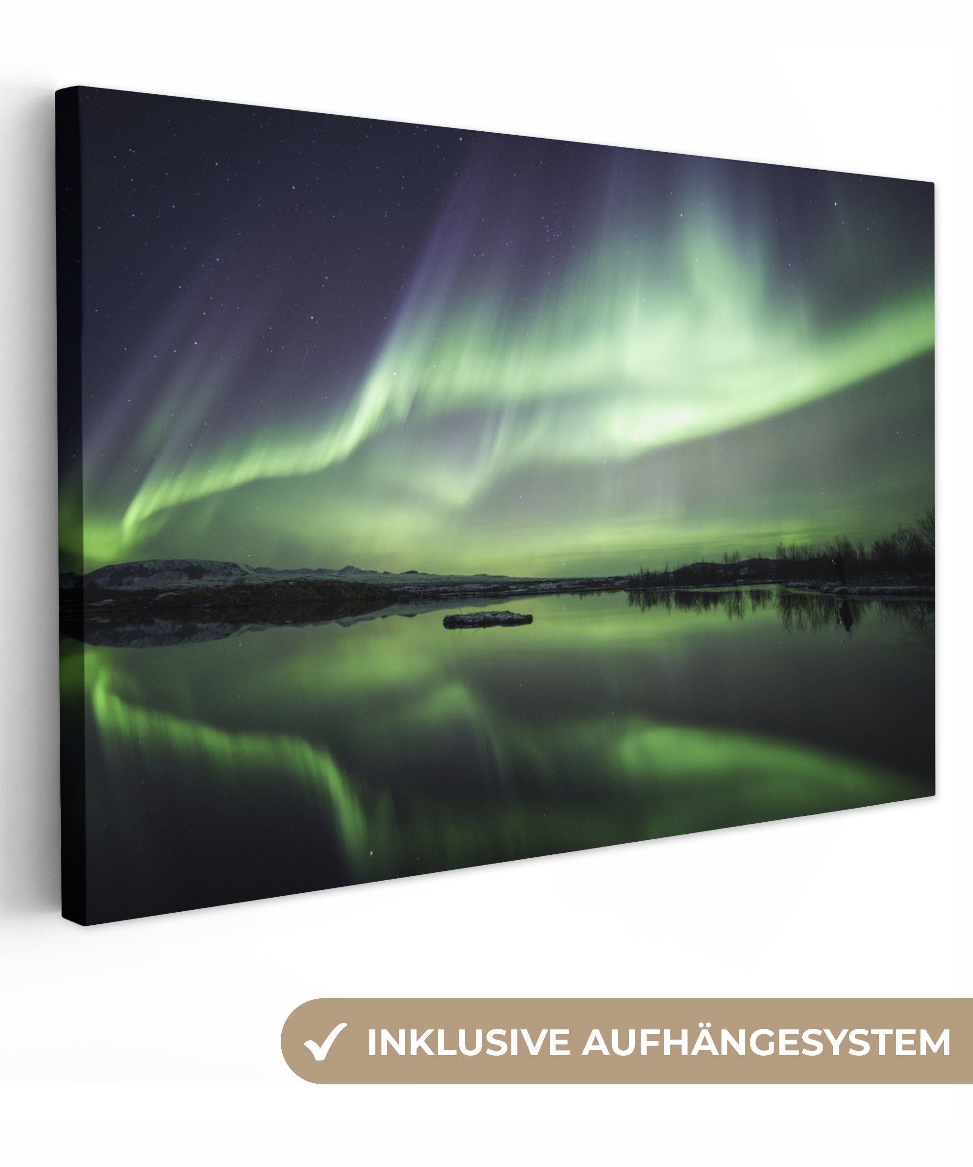 OneMillionCanvasses® Leinwandbild Nordlicht - See - Island - Grün - Wald - Schnee, Fotodruck (1 St), Leinwände Wanddeko Wohnzimmer Schlafzimmer 60x40 cm