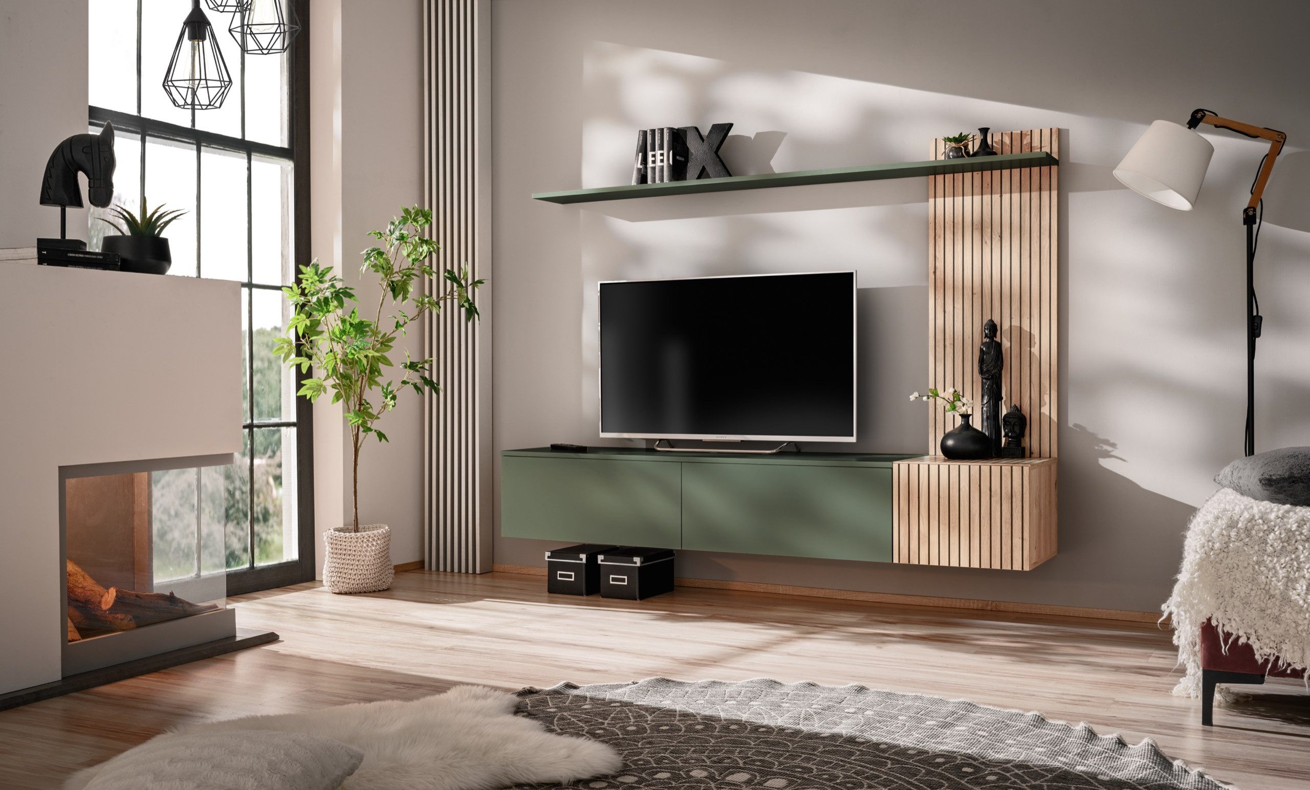 ASM-Moebel Wohnwand Schrankwand Solo CAS mit Lamellen und Push-Click System, Mit Lamellenoptik und Push-Click System